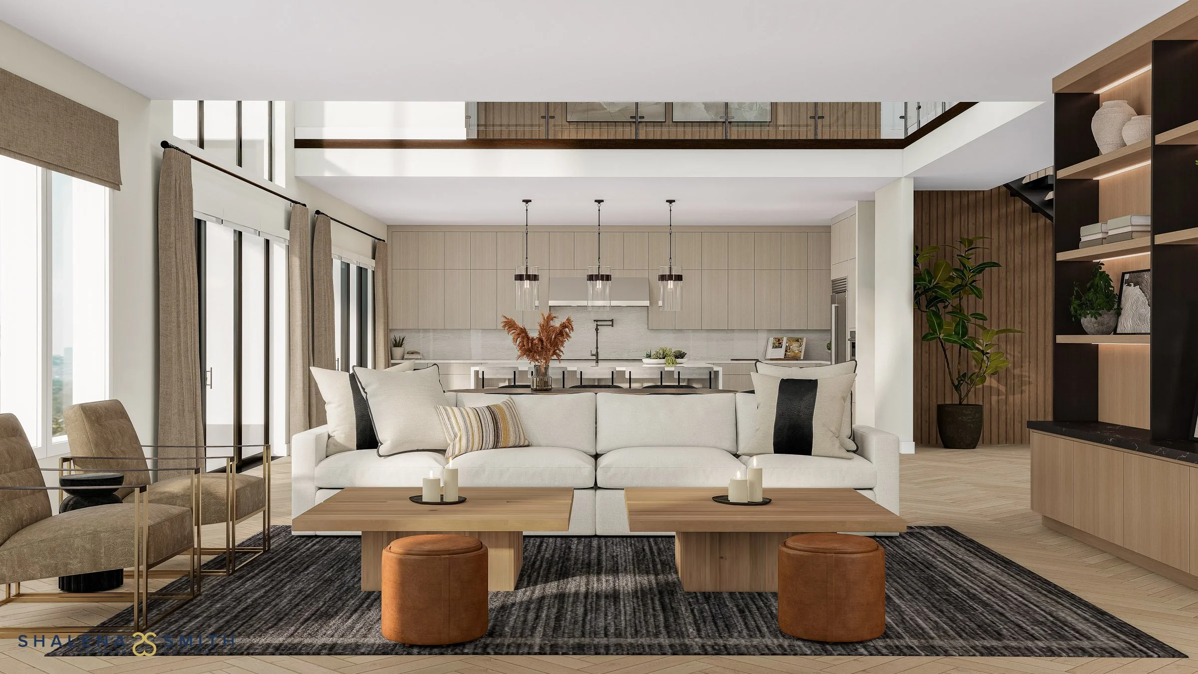 3D rendering of a contemporary living room with a white sectional and twin oak coffee tables, open to the kitchen beneath a glass-railed loft