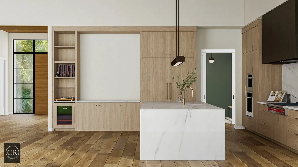 3D kitchen rendering with fluted wood island, marble waterfall countertop, and floor-to-ceiling oak cabinetry