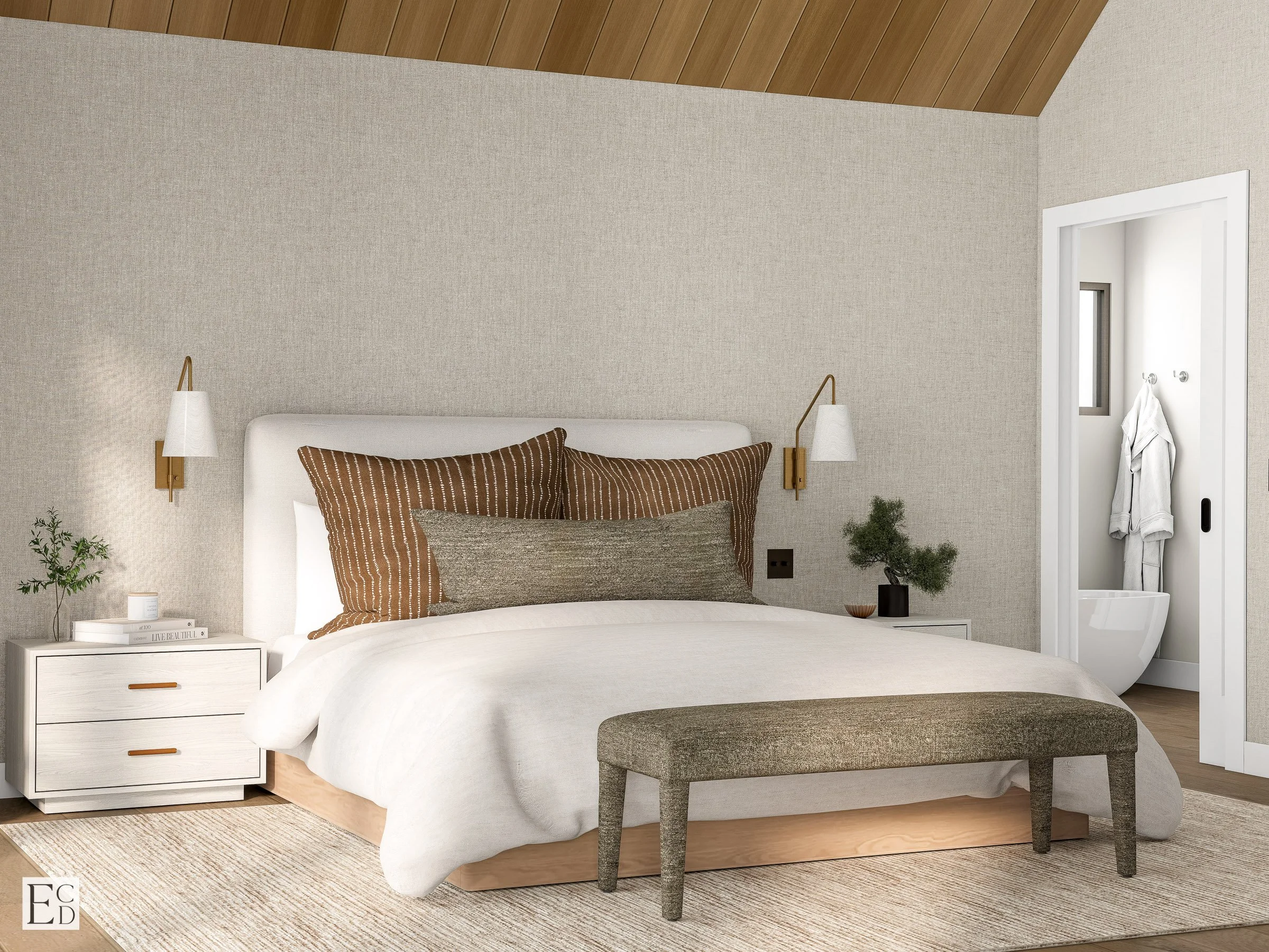 The primary sits under the same plank ceiling as the great room, brass sconces flanking the upholstered bed.