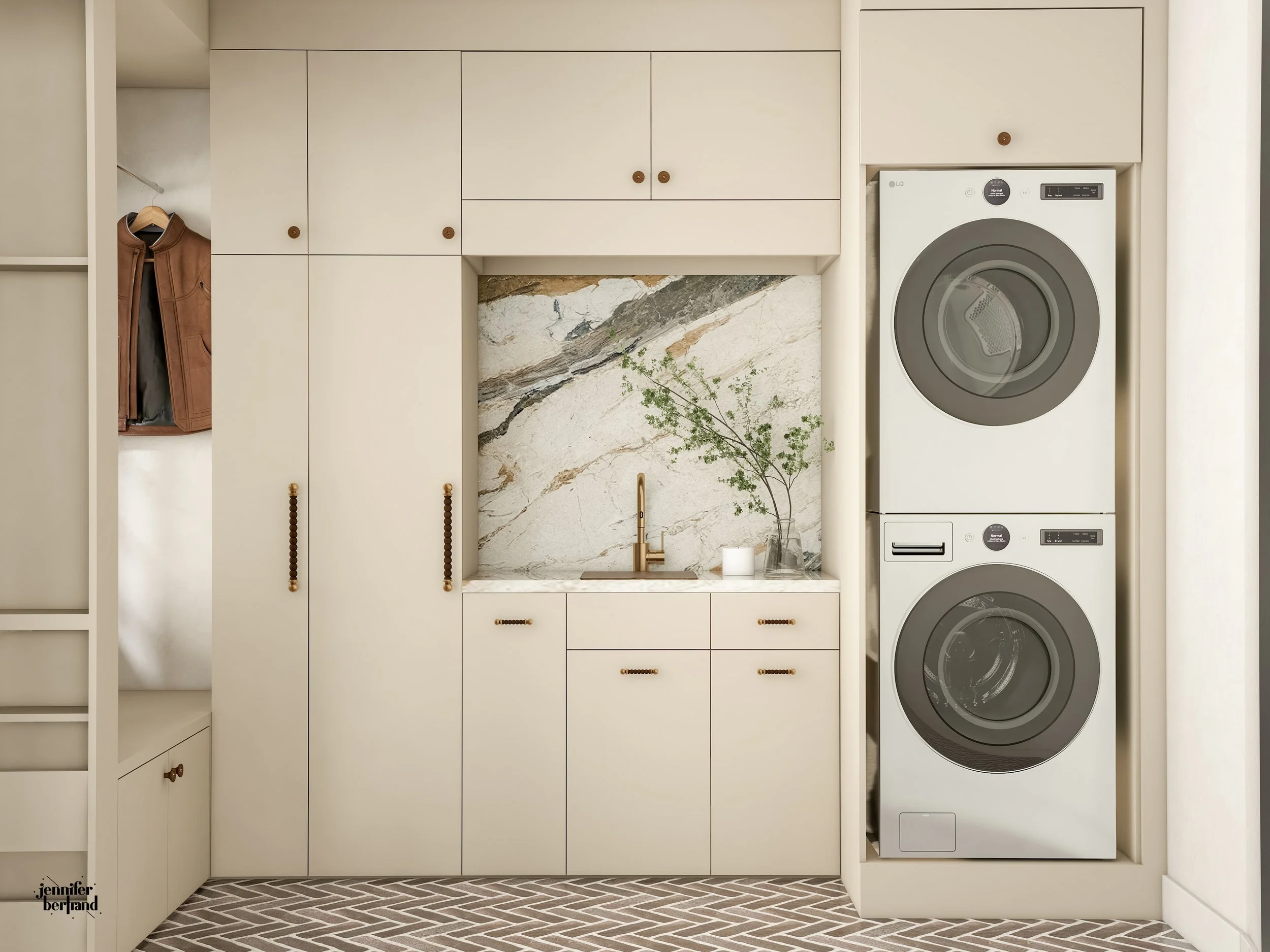 Laundry room rendering with stacked washer and dryer, cream cabinetry, and marble backsplash niche