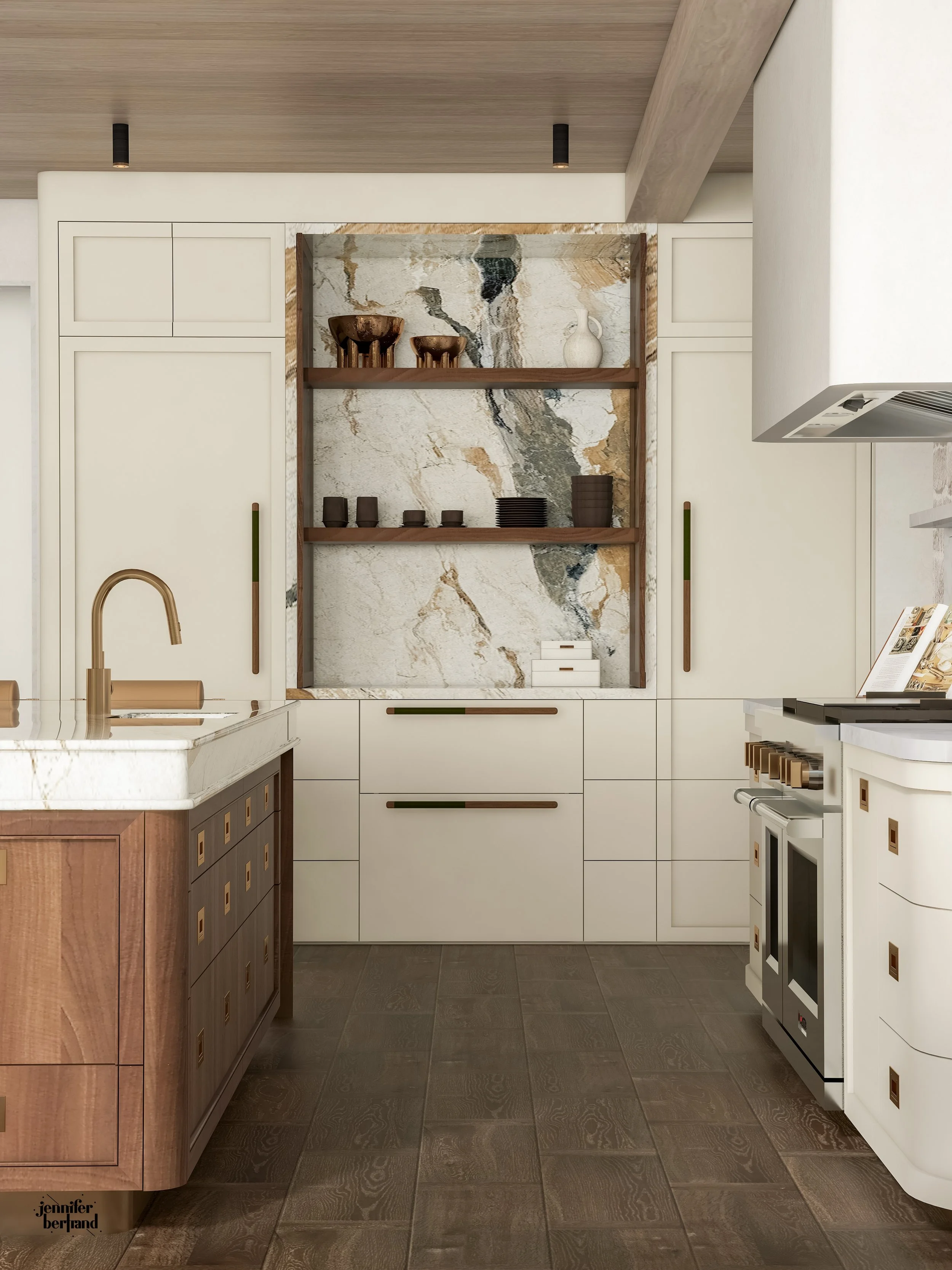 Detail rendering of open walnut shelving in a marble display niche with ceramic vessels and dinnerware