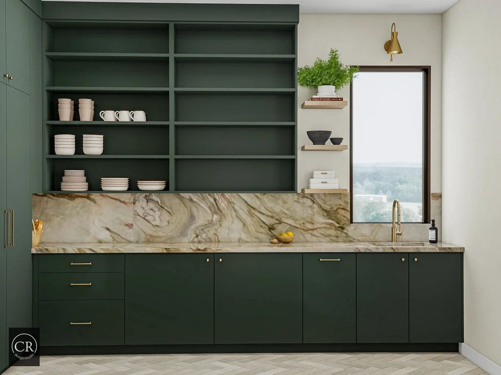3D pantry rendering showing green open shelving, dramatic marble backsplash, and brass pull-down faucet