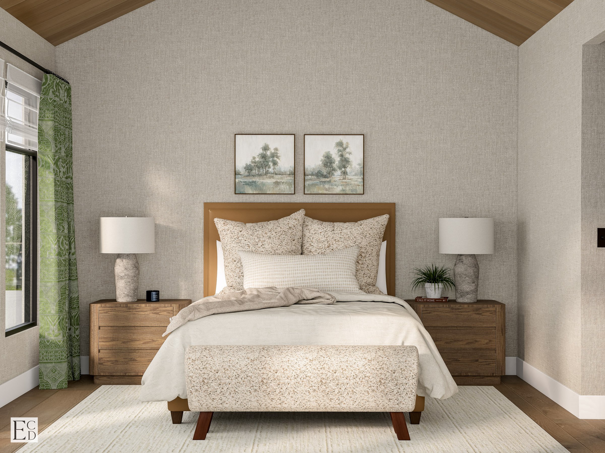 Straight on at the bed wall: leather headboard, paired landscape art, and matching oak nightstands.