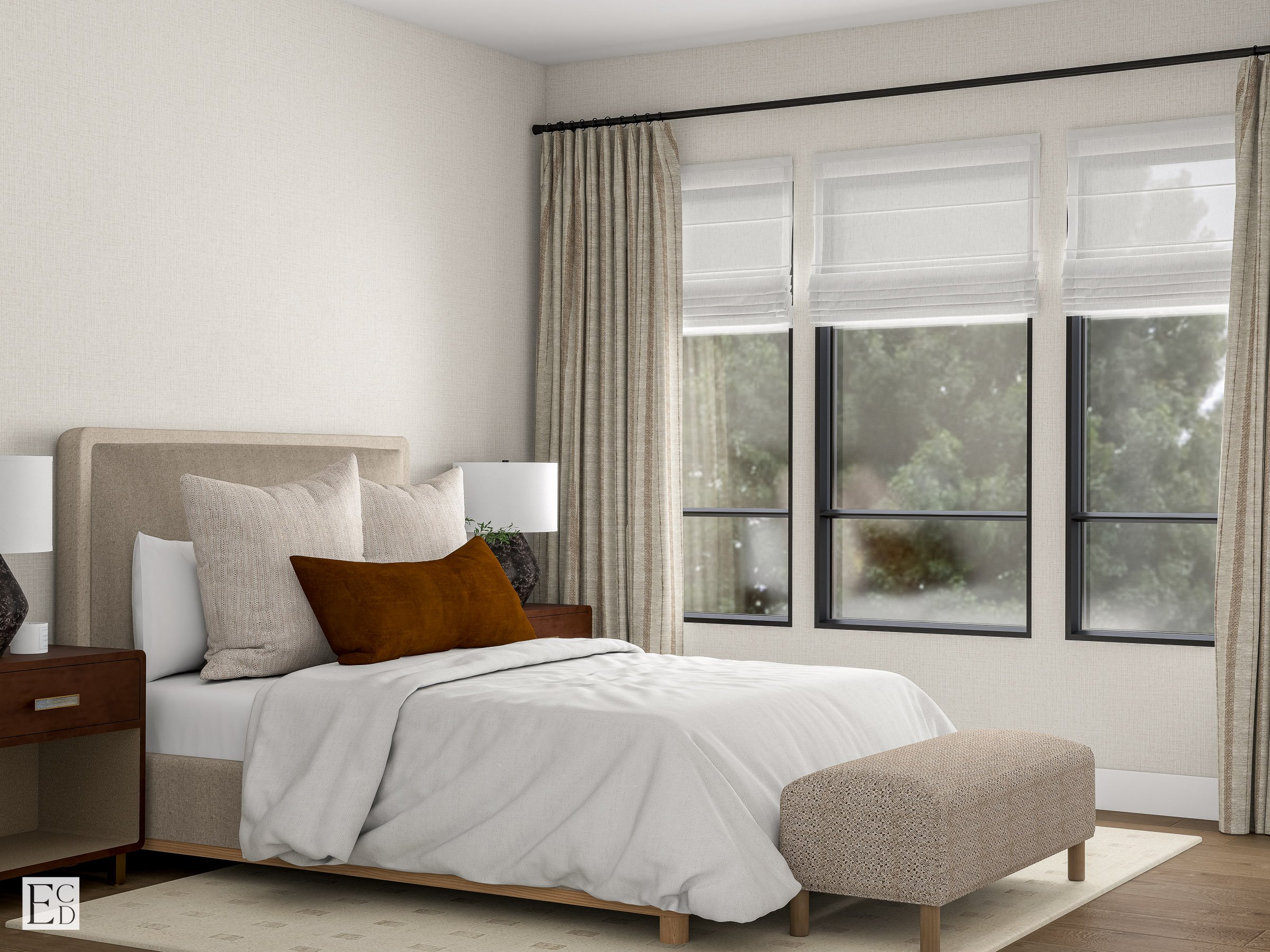 Corner windows bring light into the second lower bedroom, with an upholstered bed and bouclé bench.