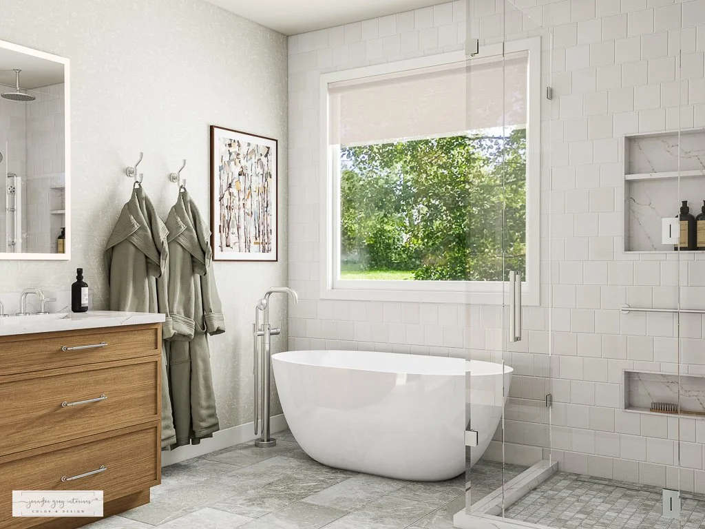 Wide-angle 3D bathroom rendering with freestanding tub, glass shower, and oak vanity — California transitional style