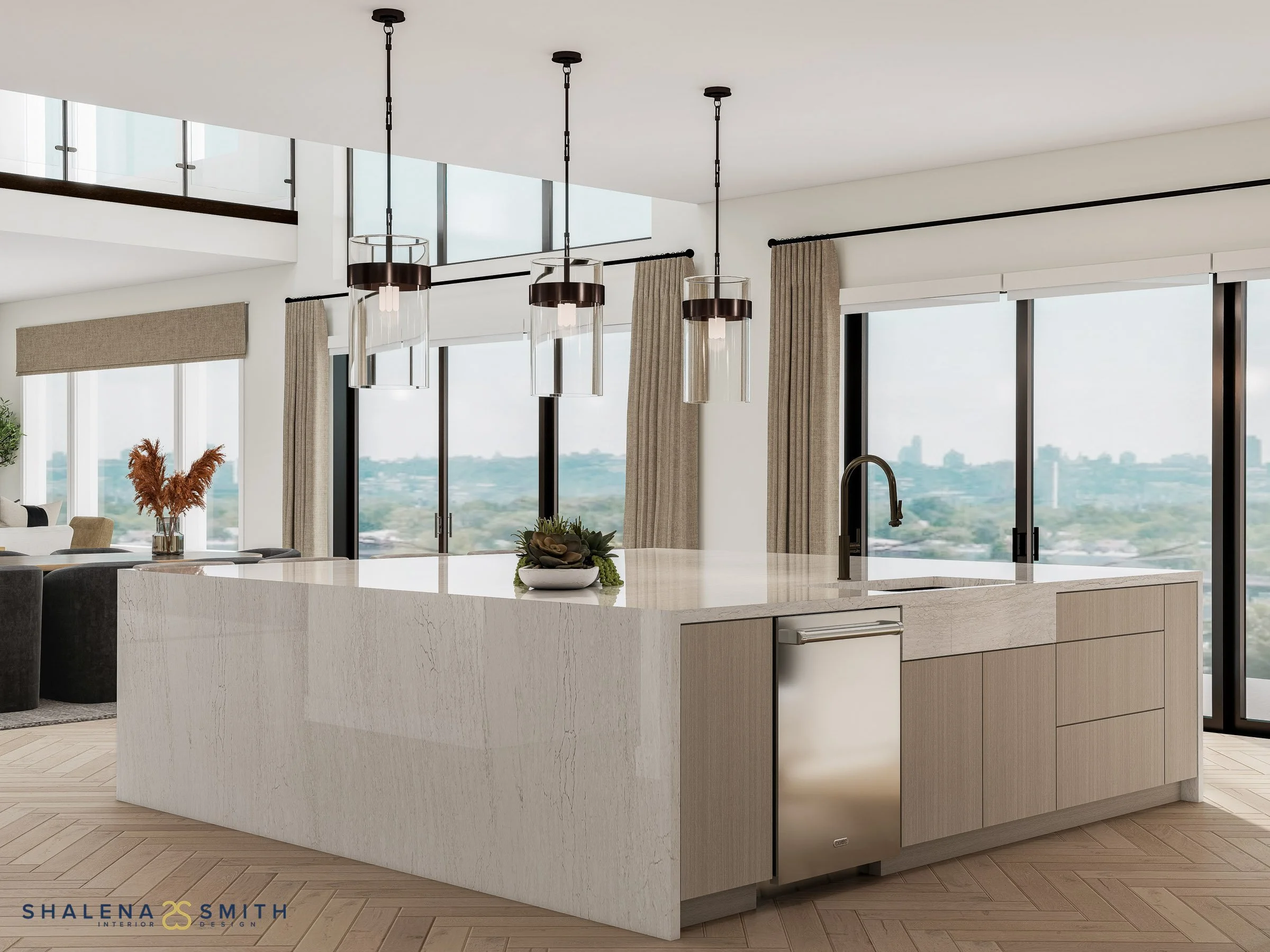 3D rendering of the sink side of a waterfall kitchen island facing floor-to-ceiling windows