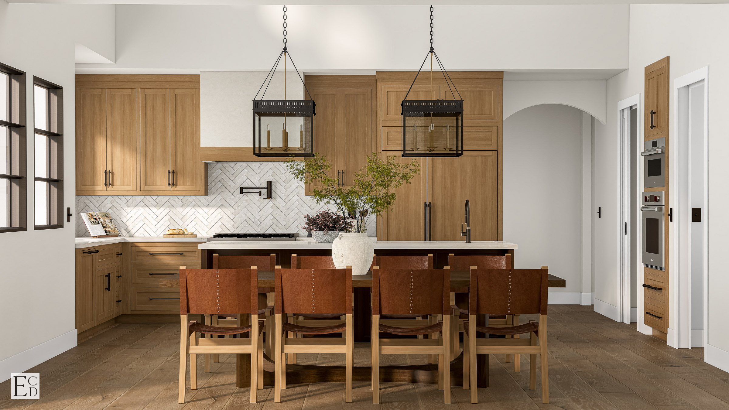 White oak cabinetry, herringbone marble backsplash, and a plaster hood keep the kitchen warm without going rustic.