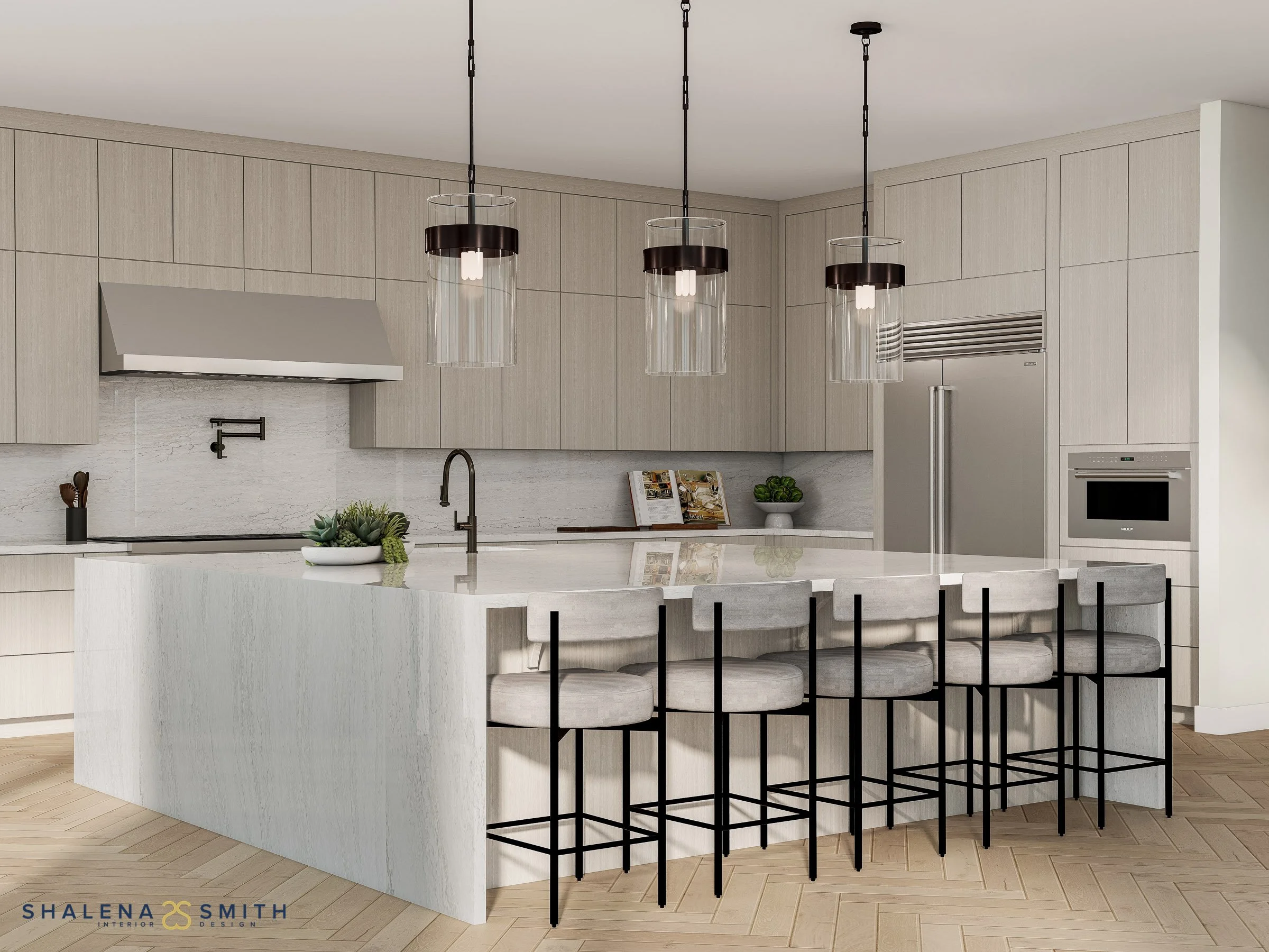 3D rendering of a quartzite waterfall island with five counter stools and integrated stainless appliances