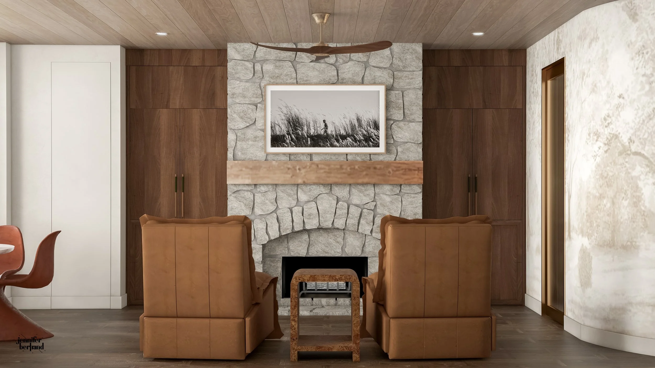 3D rendering of a living room stone fireplace flanked by walnut built-ins and leather armchairs 