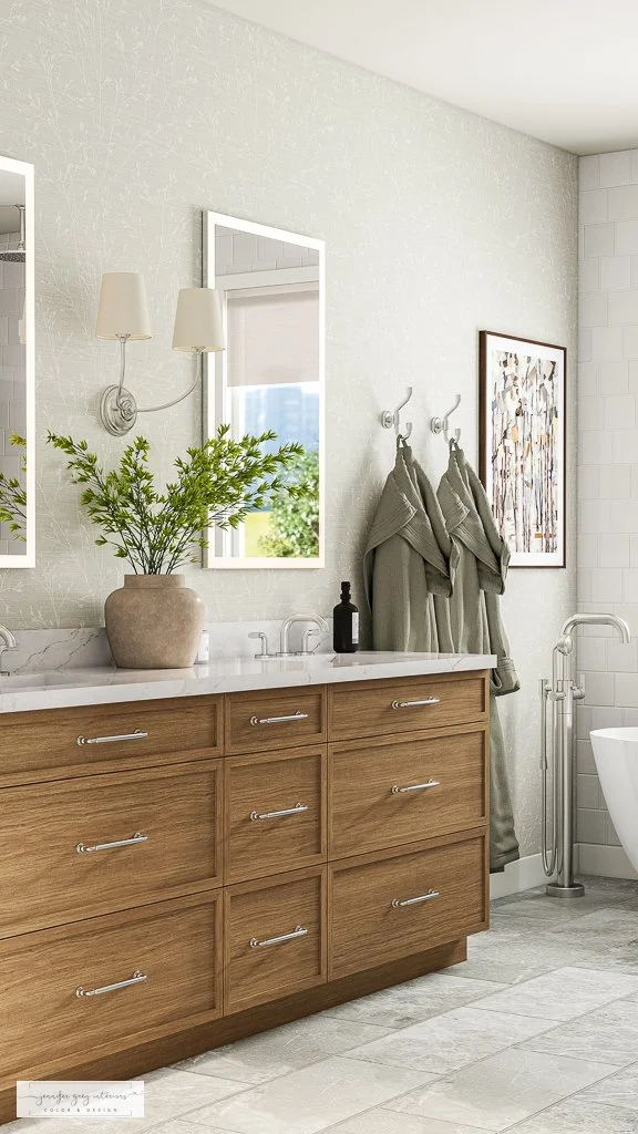 3D bathroom rendering showing symmetrical double vanity with LED mirrors, sconce, and sage robe styling