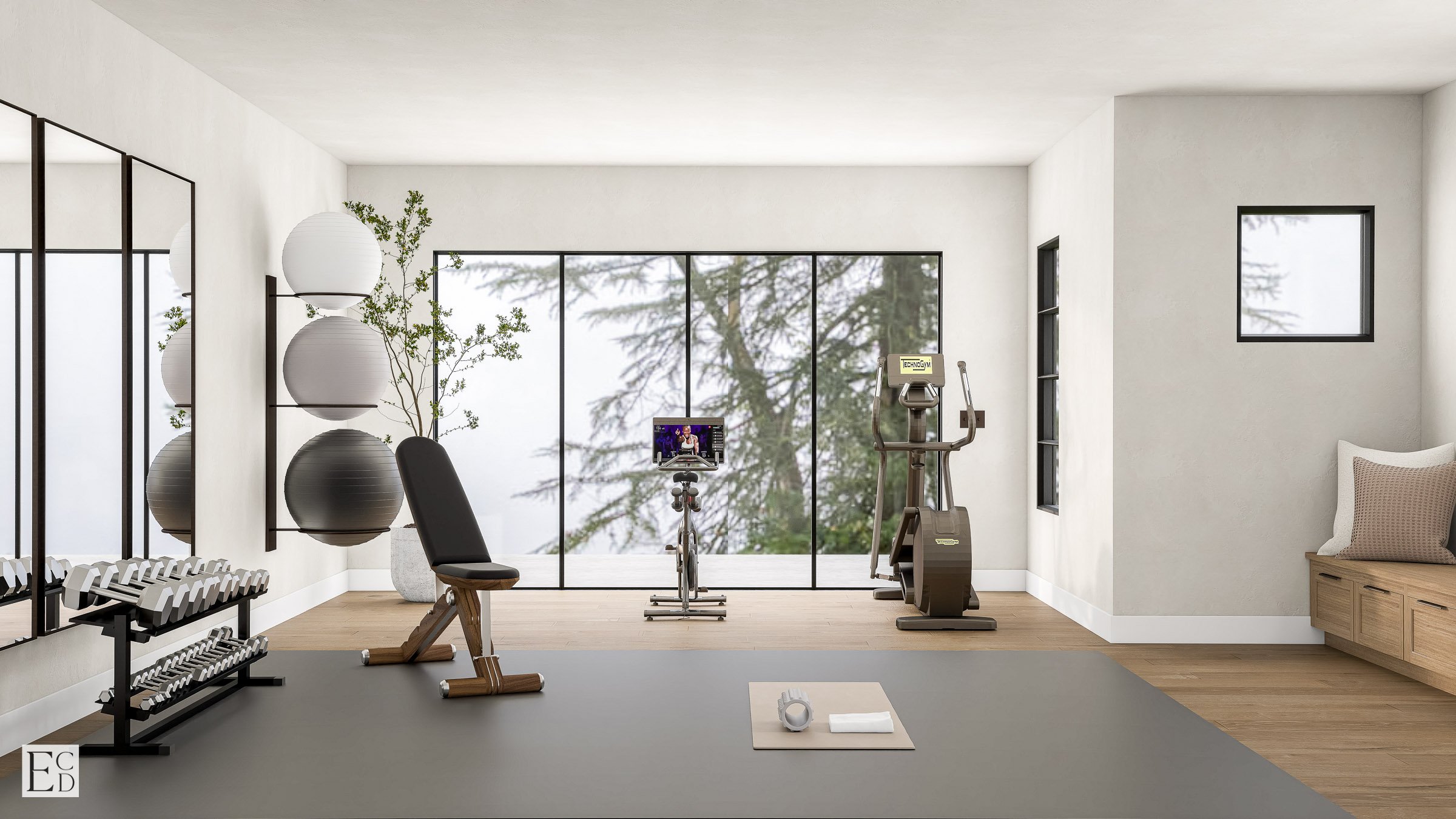 The gym takes the corner with the best glass: mirrors on one wall, equipment facing the lake view and trees.
