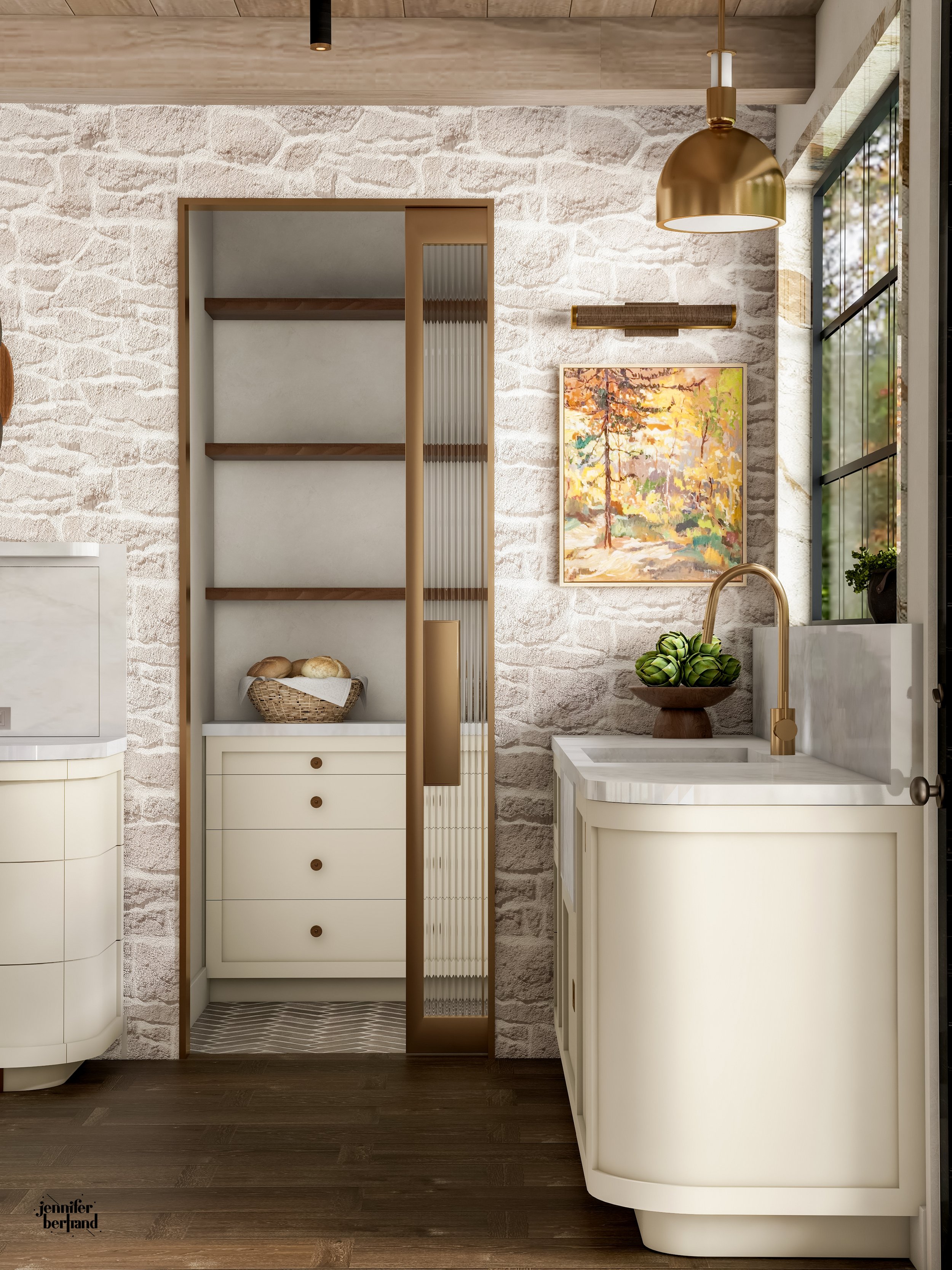 3D rendering of a walk-in pantry doorway with open shelving next to a stone wall,  custom sink and curved cabinetry