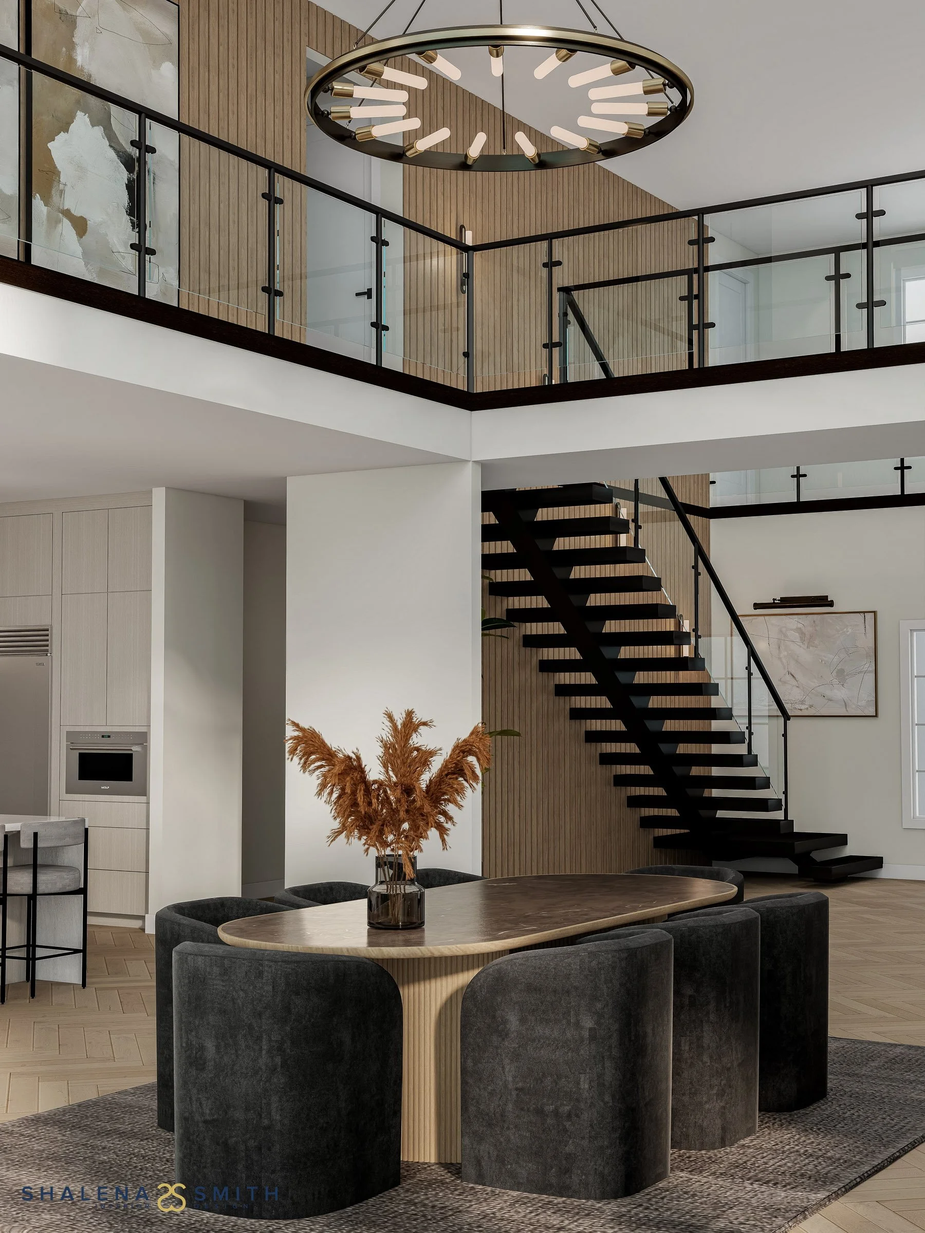 3D rendering of a dining room with curved velvet chairs under a brass ring chandelier, with a floating stair behind