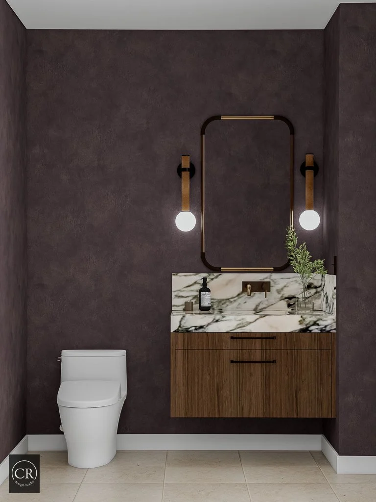 Front-facing 3D powder room rendering with deep aubergine plaster walls, Arabescato marble vanity, and brass globe sconces