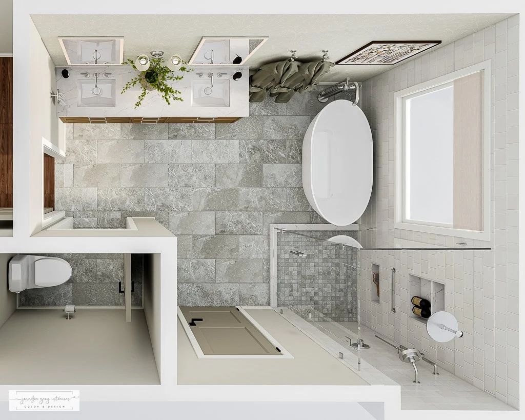 Overhead 3D bathroom rendering showing full primary suite layout with double vanity, freestanding tub, and glass shower