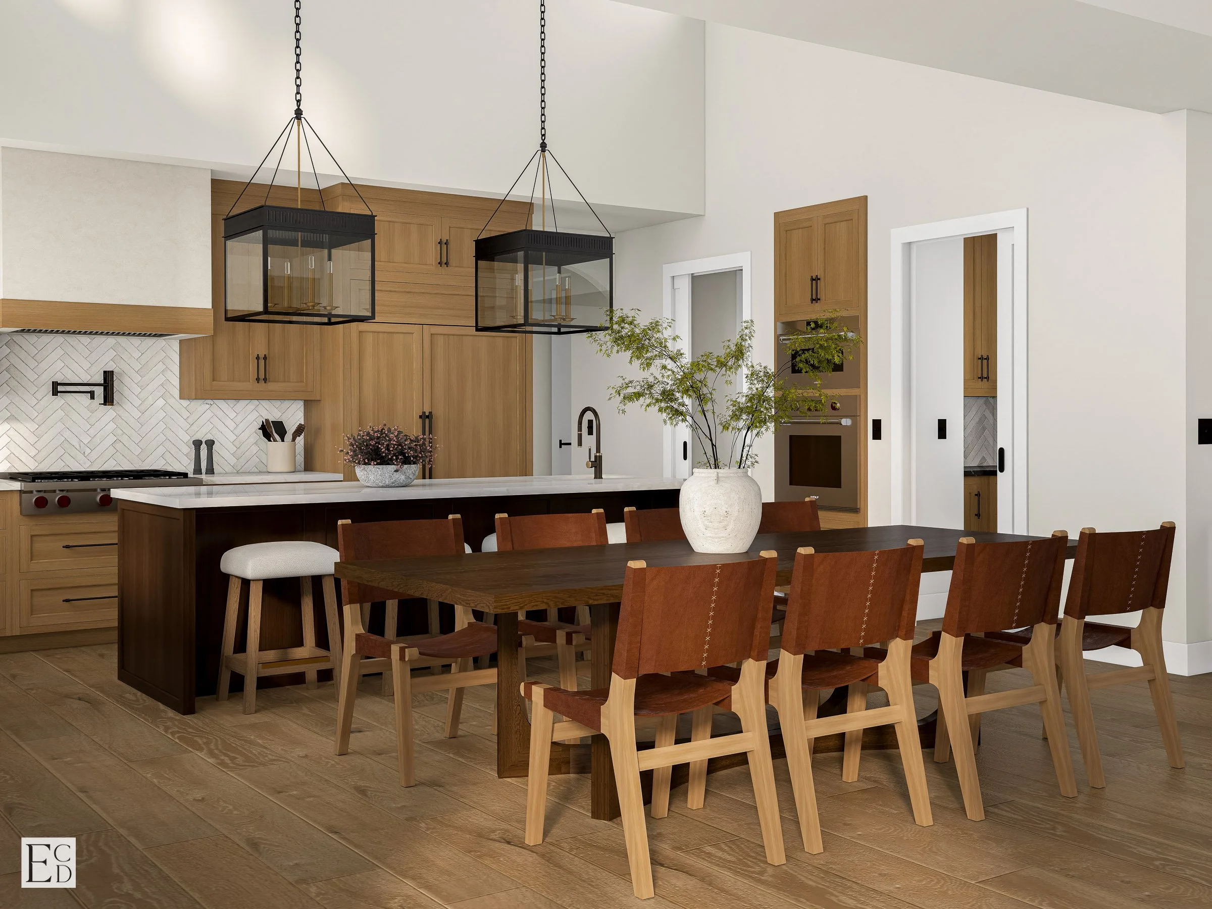 Woven leather chairs and a solid oak table sit alongside the island, with double ovens tucked into the cabinetry wall.