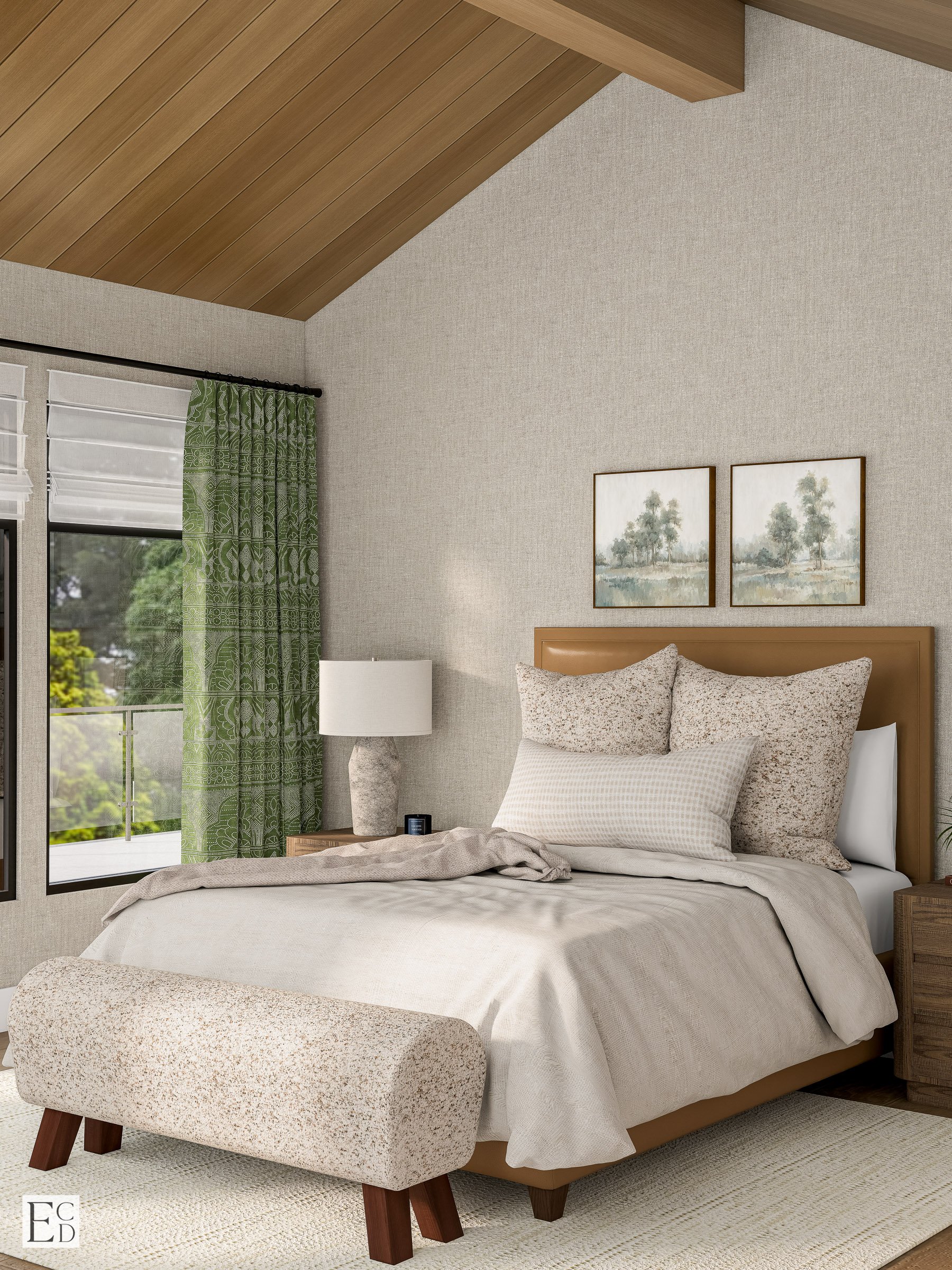 The guest room borrows the vaulted ceiling and green drapery, a tan leather bed warming the neutral walls.