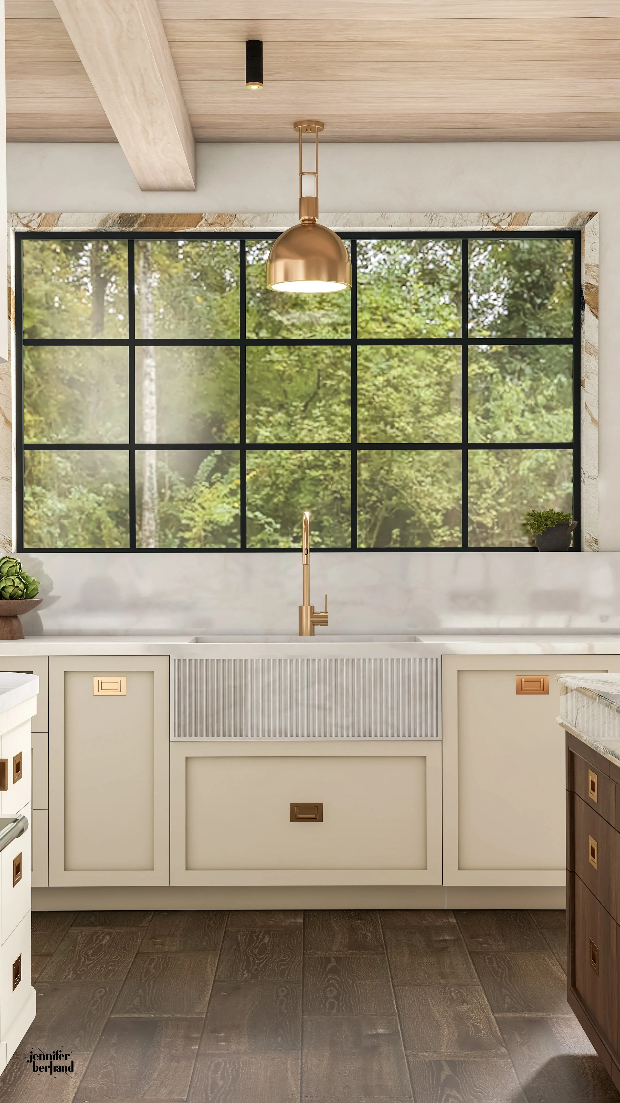 Kitchen sink rendering with fluted farmhouse sink, brass pendant light, and multi-pane garden window 