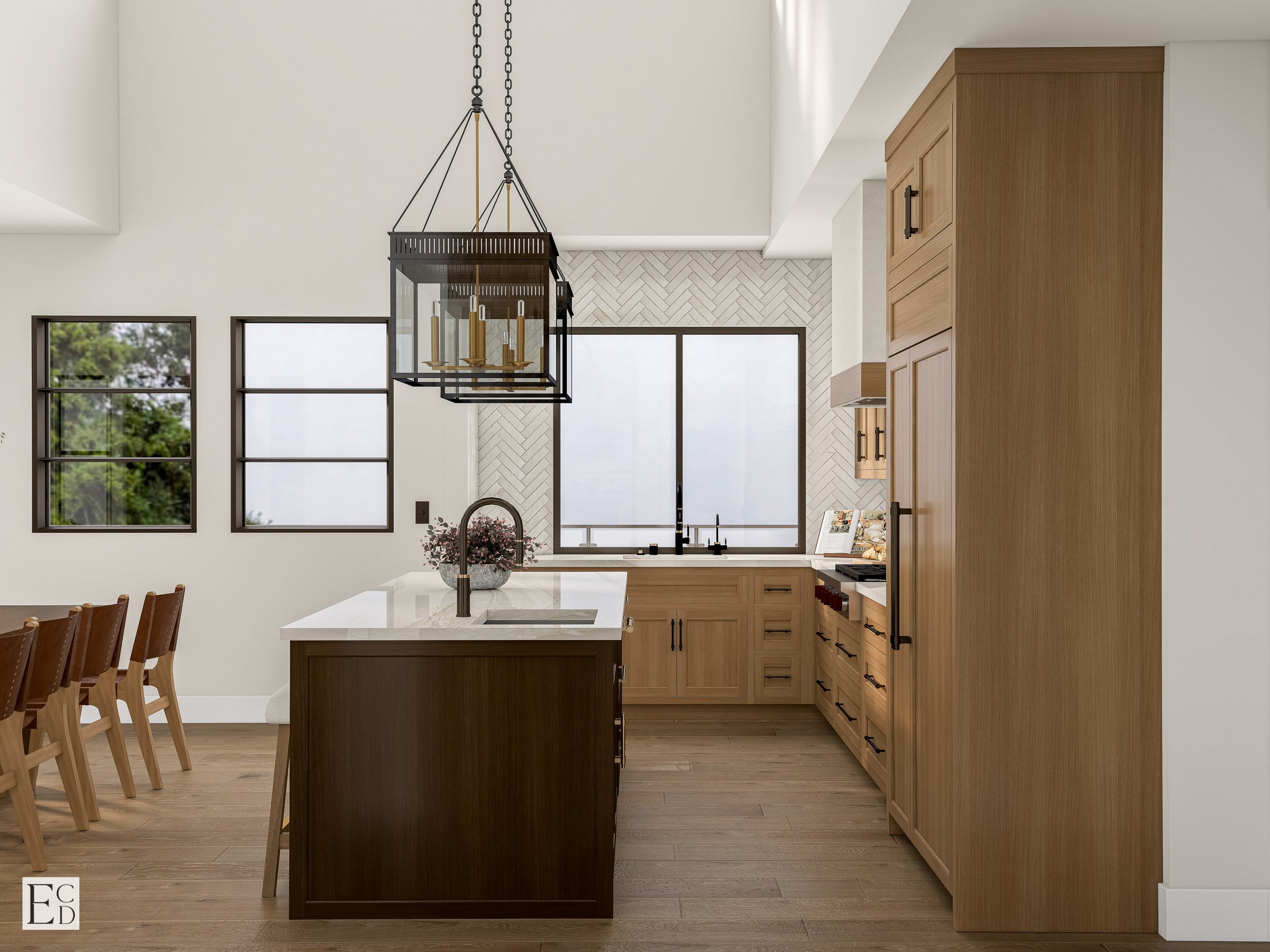 A prep sink on the island and the main run beneath the window keep the working triangle clear of the traffic path.