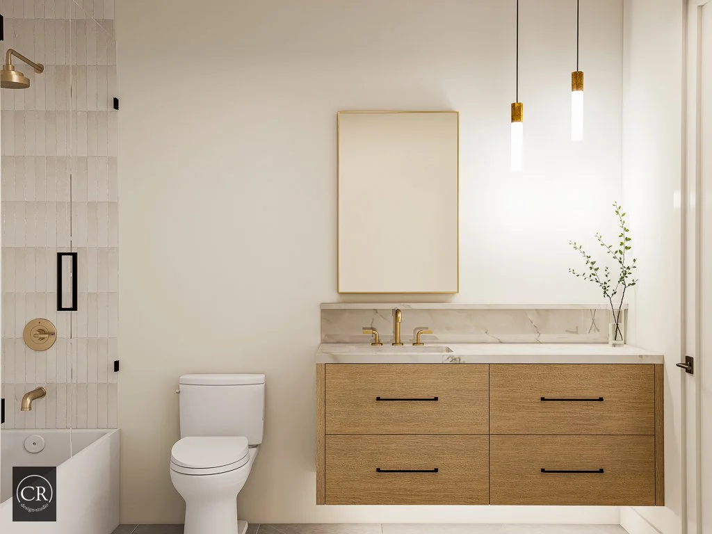 3D secondary bathroom rendering with floating oak vanity, gold-framed mirror, brass pendants, and vertical tile shower
