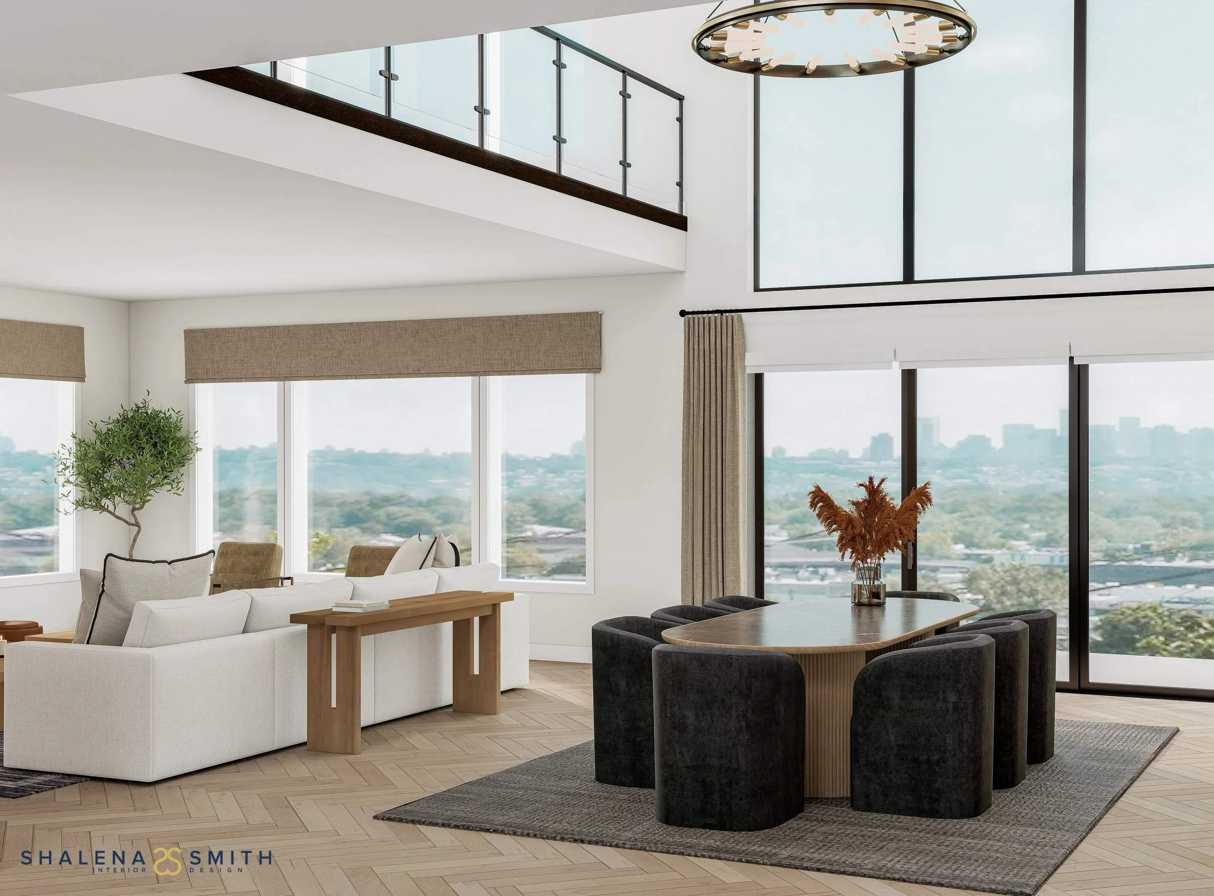 3D rendering of an open living and dining area with double-height windows and a hillside view