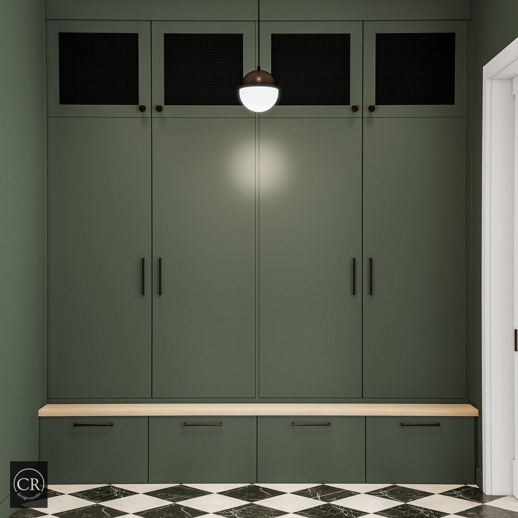 3D mudroom rendering with full-height forest green locker cabinetry, oak bench, and marble checkerboard floor