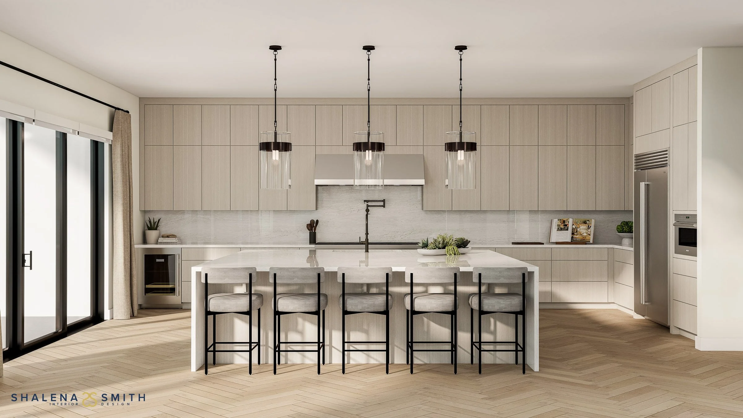 3D rendering of a light oak slab-door kitchen with three glass cylinder pendants over a waterfall island