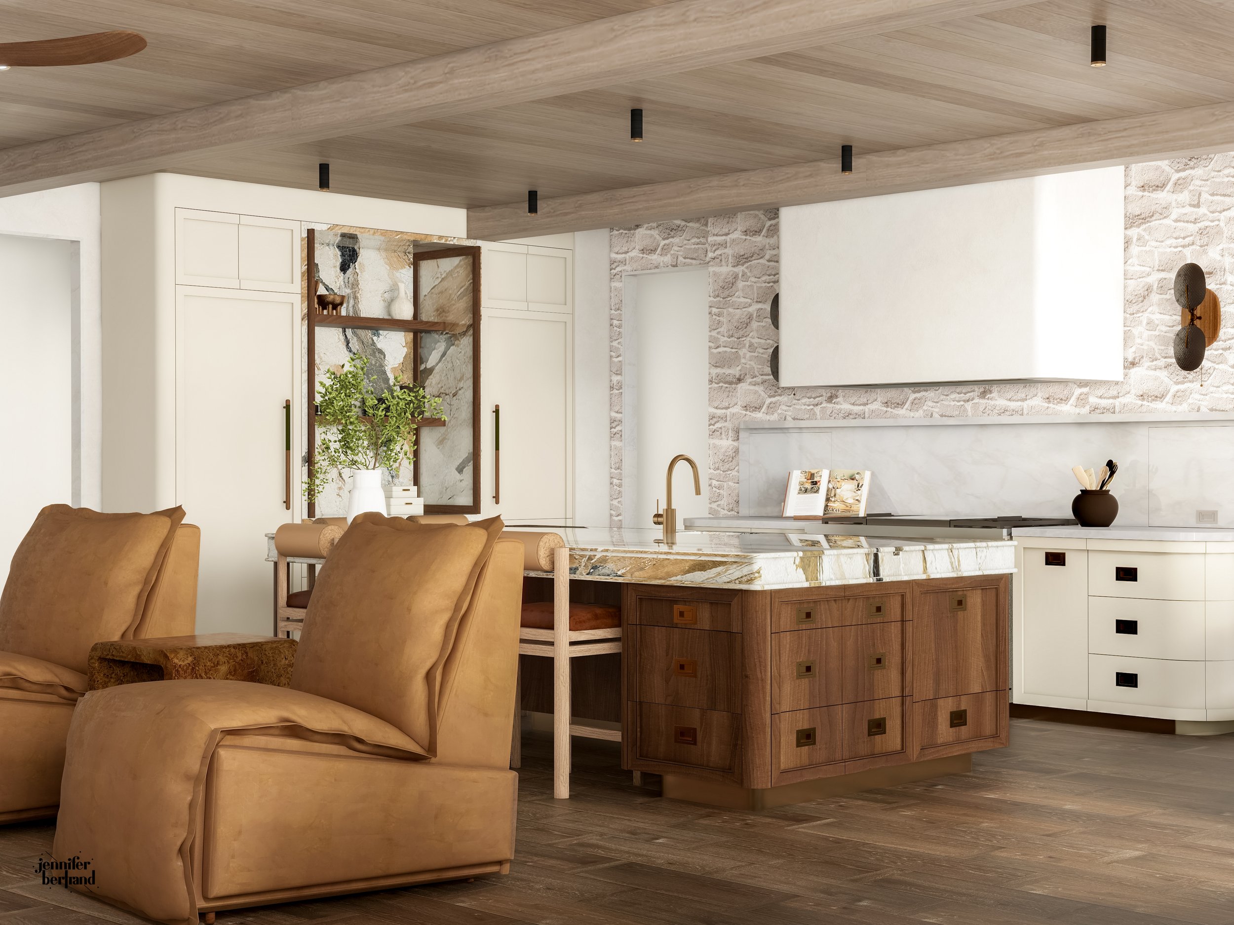 3D rendering of custom walnut and cream kitchen cabinetry with leather lounge seating in the foreground 