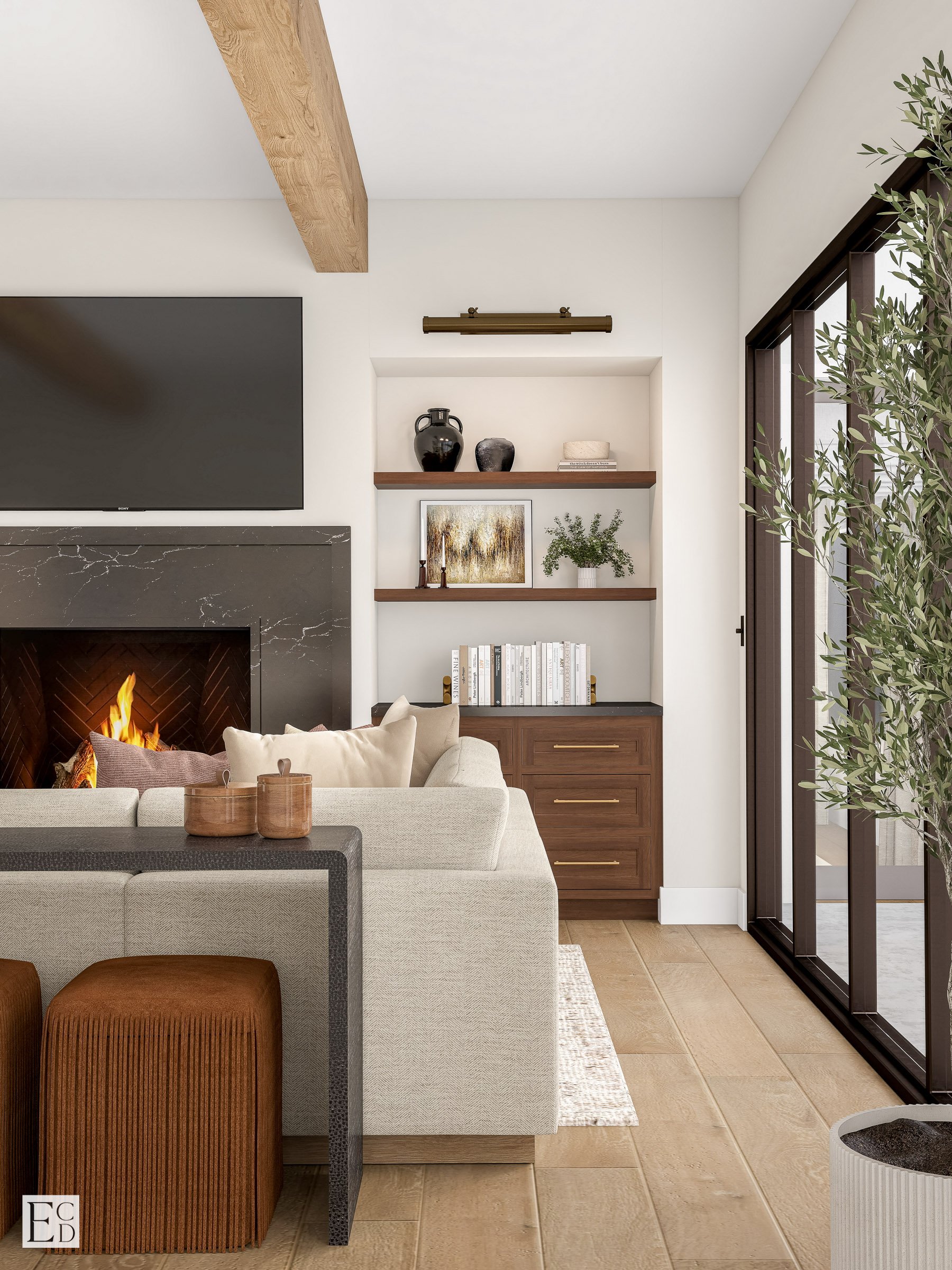 Styled shelves and a walnut cabinet fill the niche beside the fireplace, the olive tree marking the door.