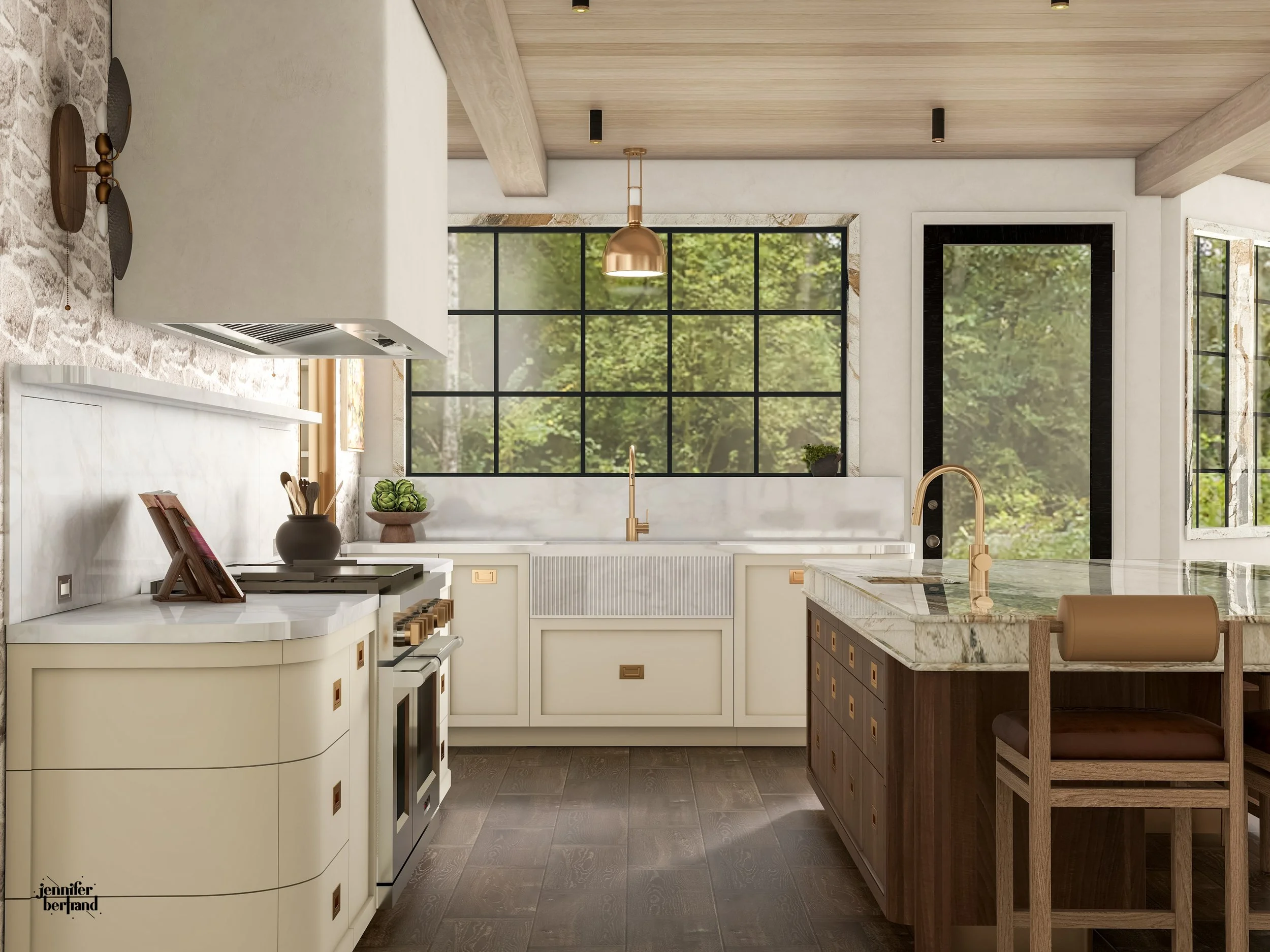 Wide-angle 3D rendering of an organic modern kitchen showing the range wall, island, and garden window 