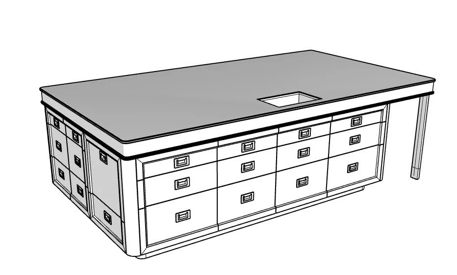 Untextured 3D model of a custom kitchen island with drawer fronts, before rendering
