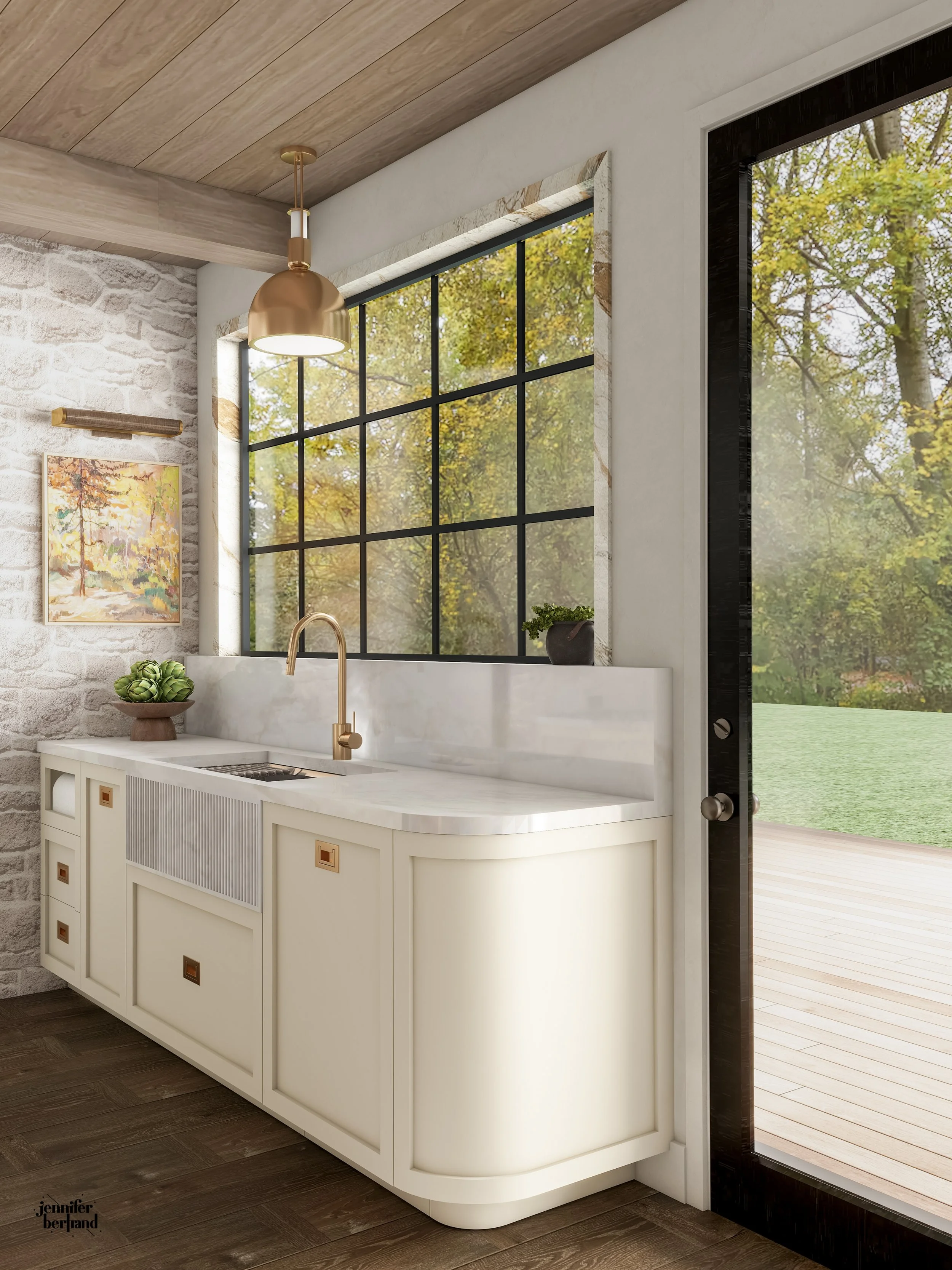 3D rendering of a kitchen sink area with curved cabinets, a garden-view window and black-framed door to the backyard