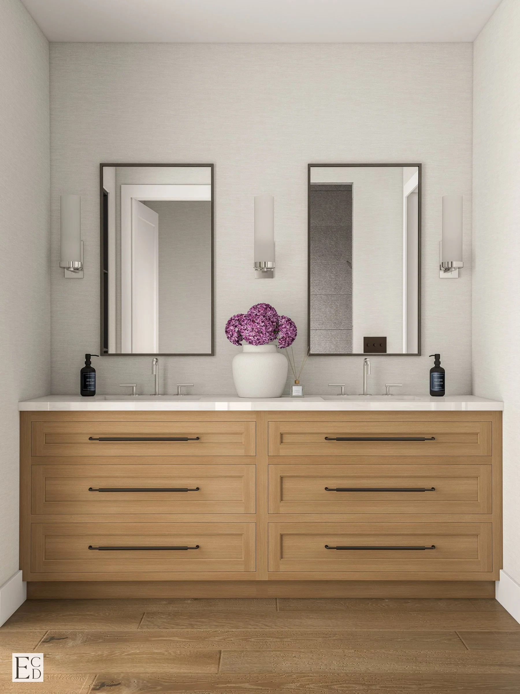 A white oak double vanity with twin mirrors and polished nickel sconces keeps the guest bath simple and bright.