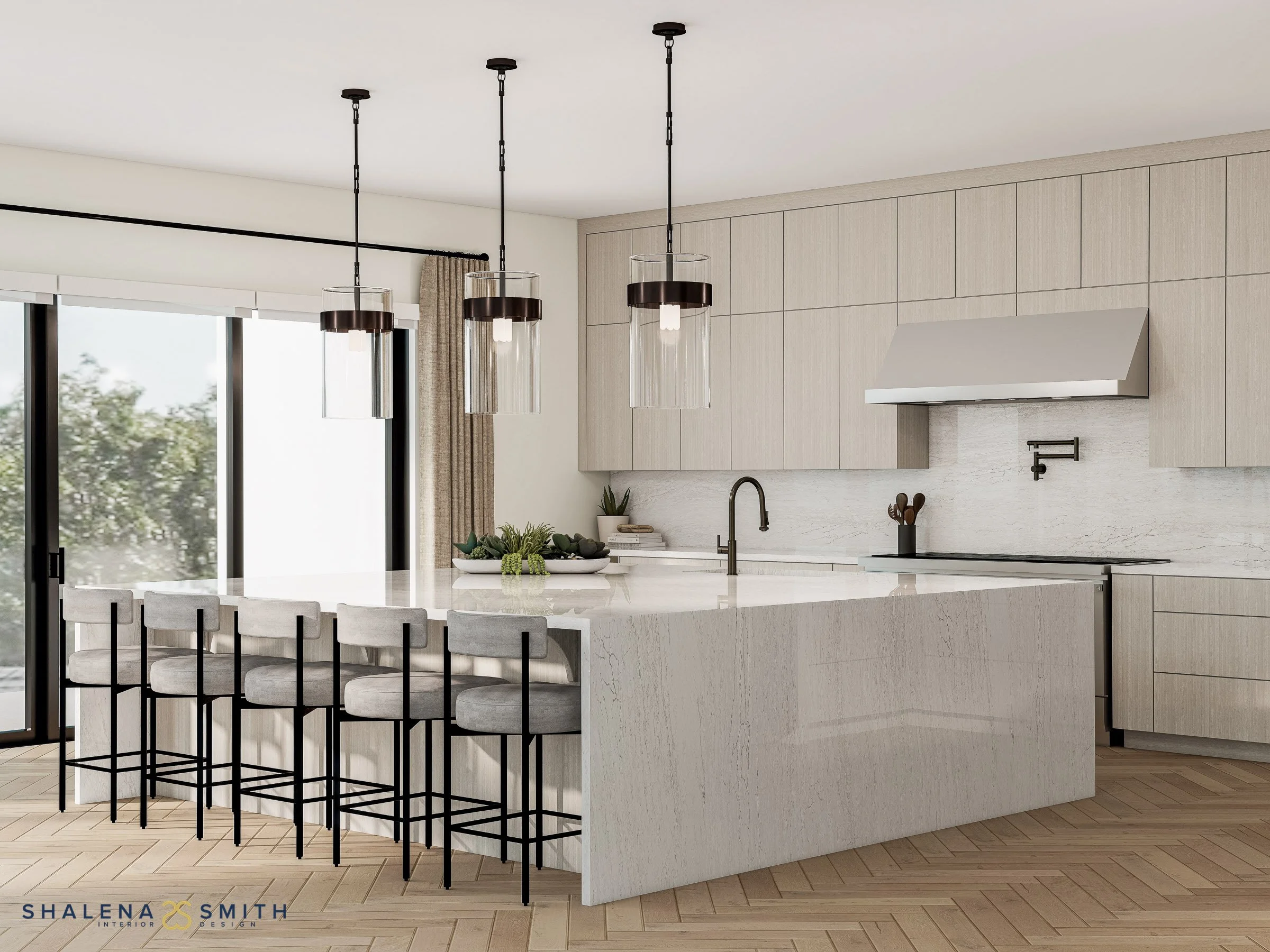 3D rendering of a kitchen waterfall island beside floor-to-ceiling sliding doors and linen drapery