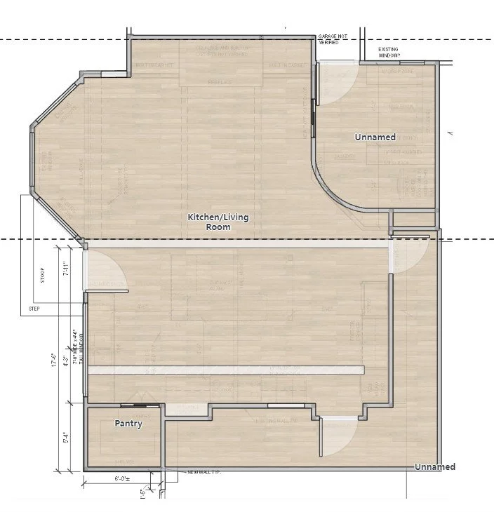2D interior design floor plan with room dimensions and construction notes for a kitchen and living space