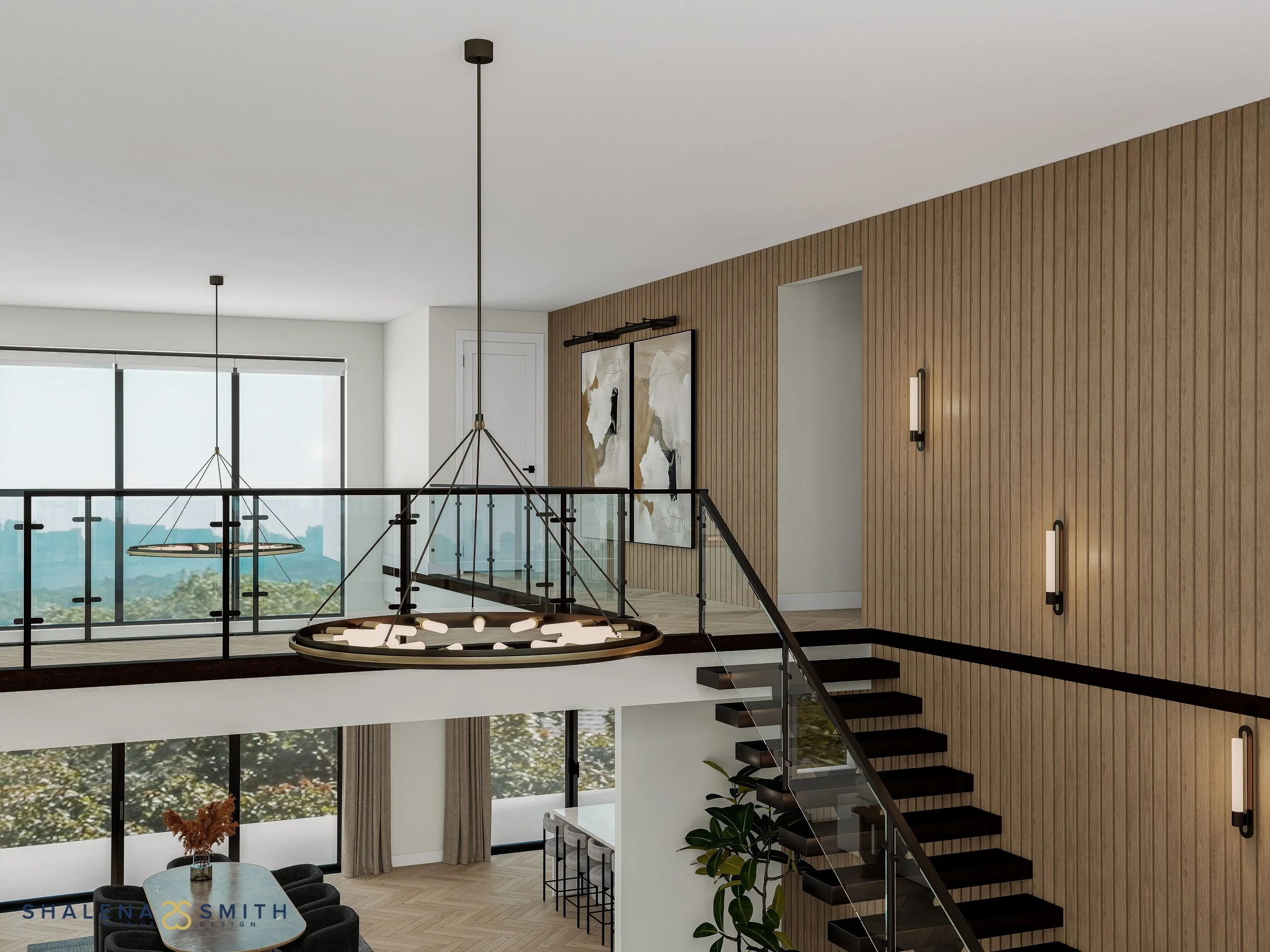 3D rendering from the loft, looking over a ring chandelier and floating stair to the living area below