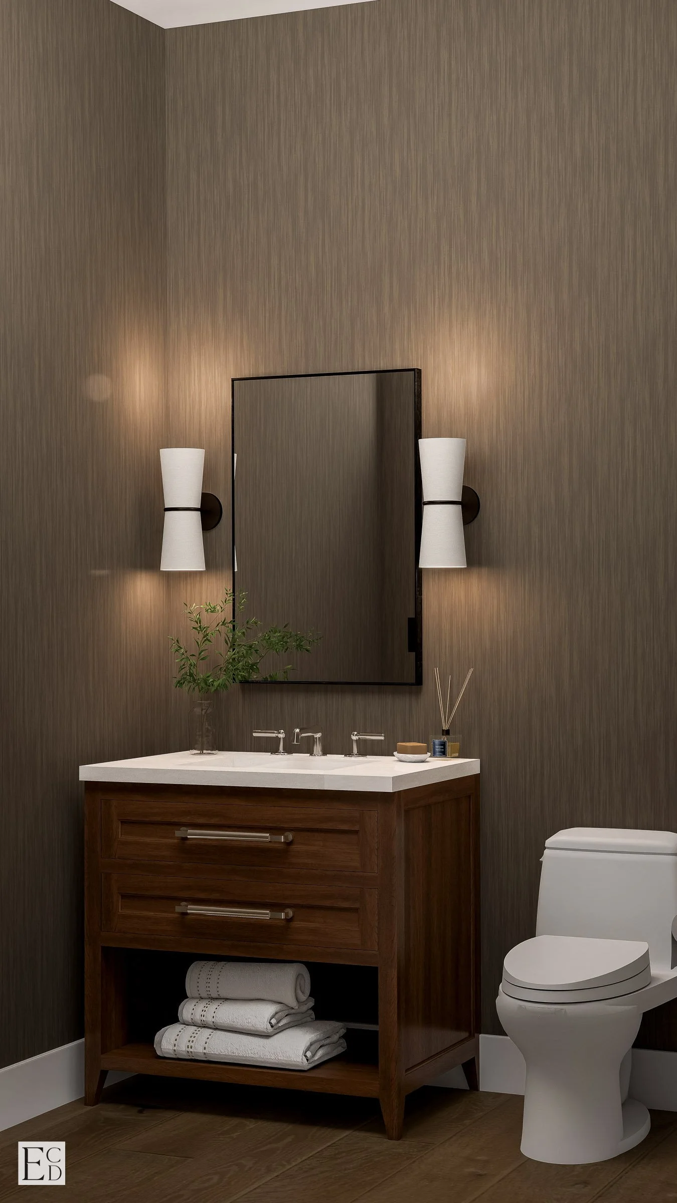 Brown grasscloth wraps the lower powder room, walnut vanity and double linen sconces keeping it dark and quiet.
