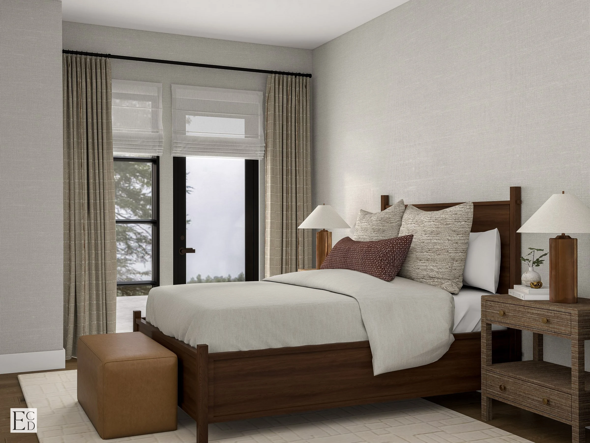 A walnut bed frame and linen drapery keep the room warm despite the smaller window.