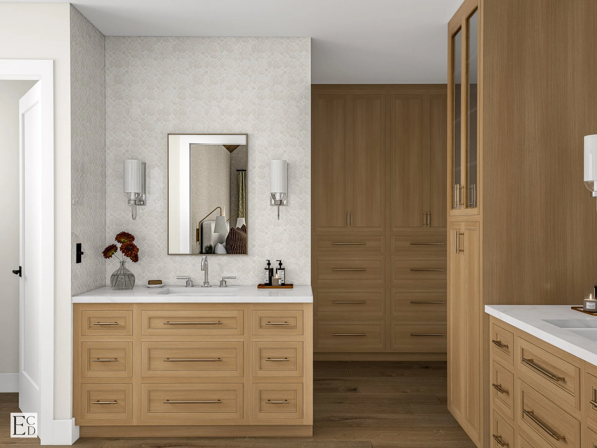 Two white oak vanities face each other across the ensuite, patterned tile carried floor to ceiling behind the mirrors.