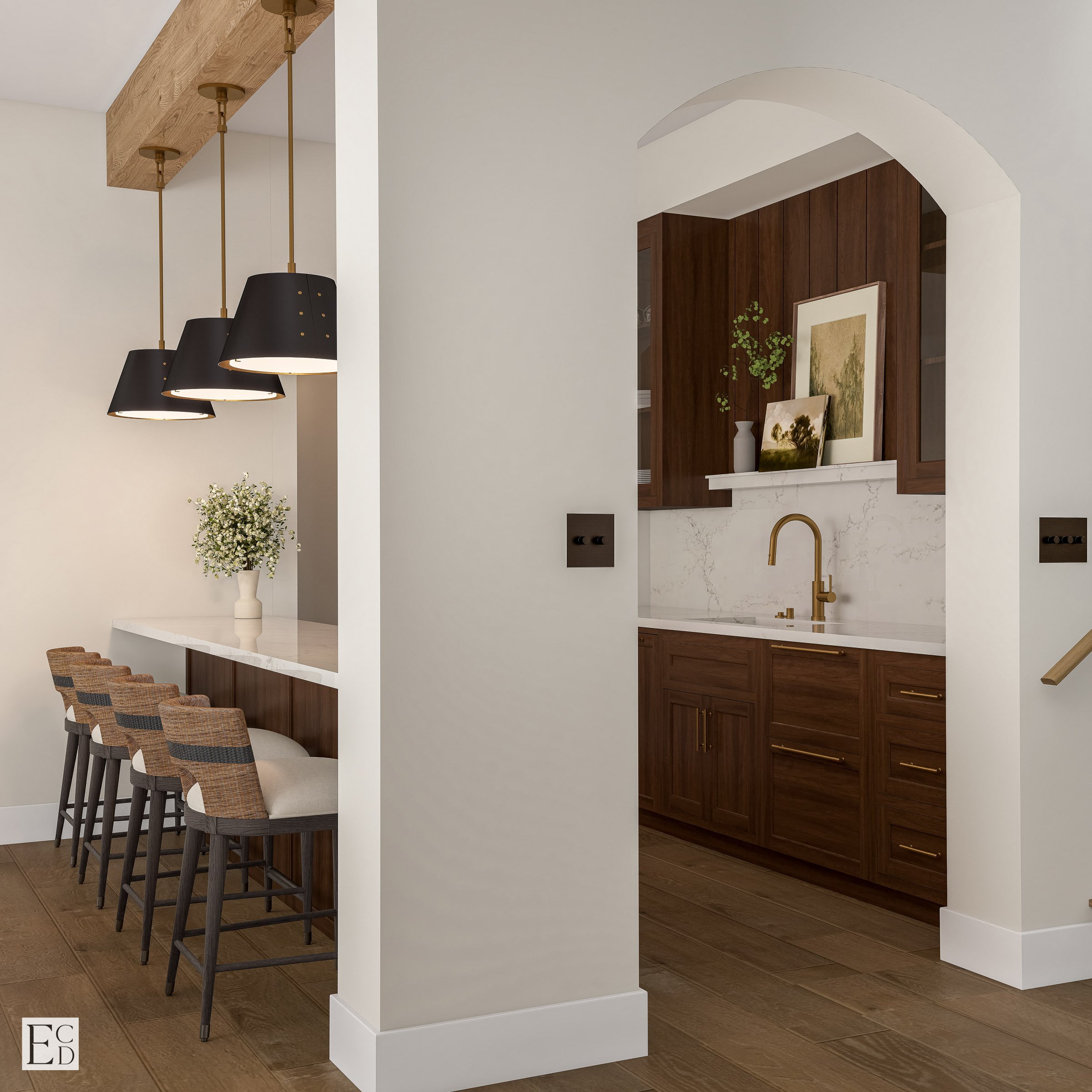 An arched opening frames the bar run, echoing the arches used elsewhere on the lower level.