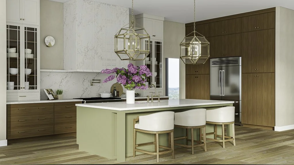 Wide-angle 3D kitchen rendering showing sage island, mixed walnut and painted cabinetry, and brass fixtures