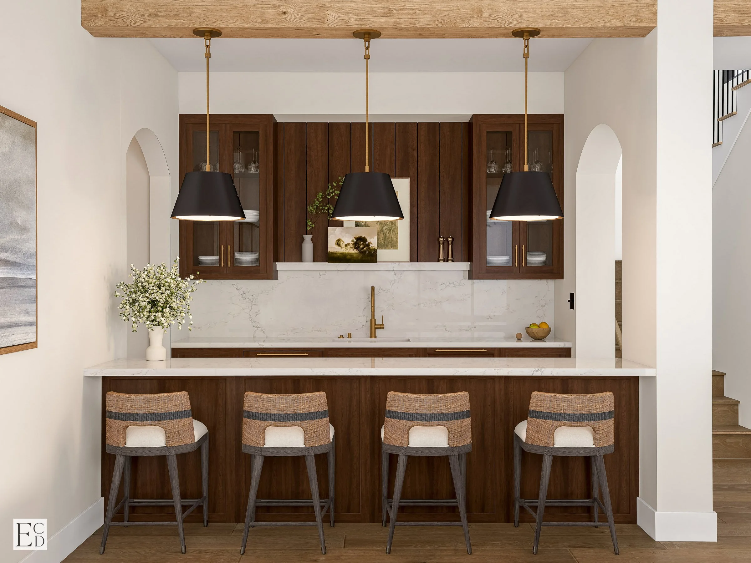 Walnut cabinetry, a marble slab backsplash, and black cone pendants give the bar an identity separate from the kitchen upstairs.