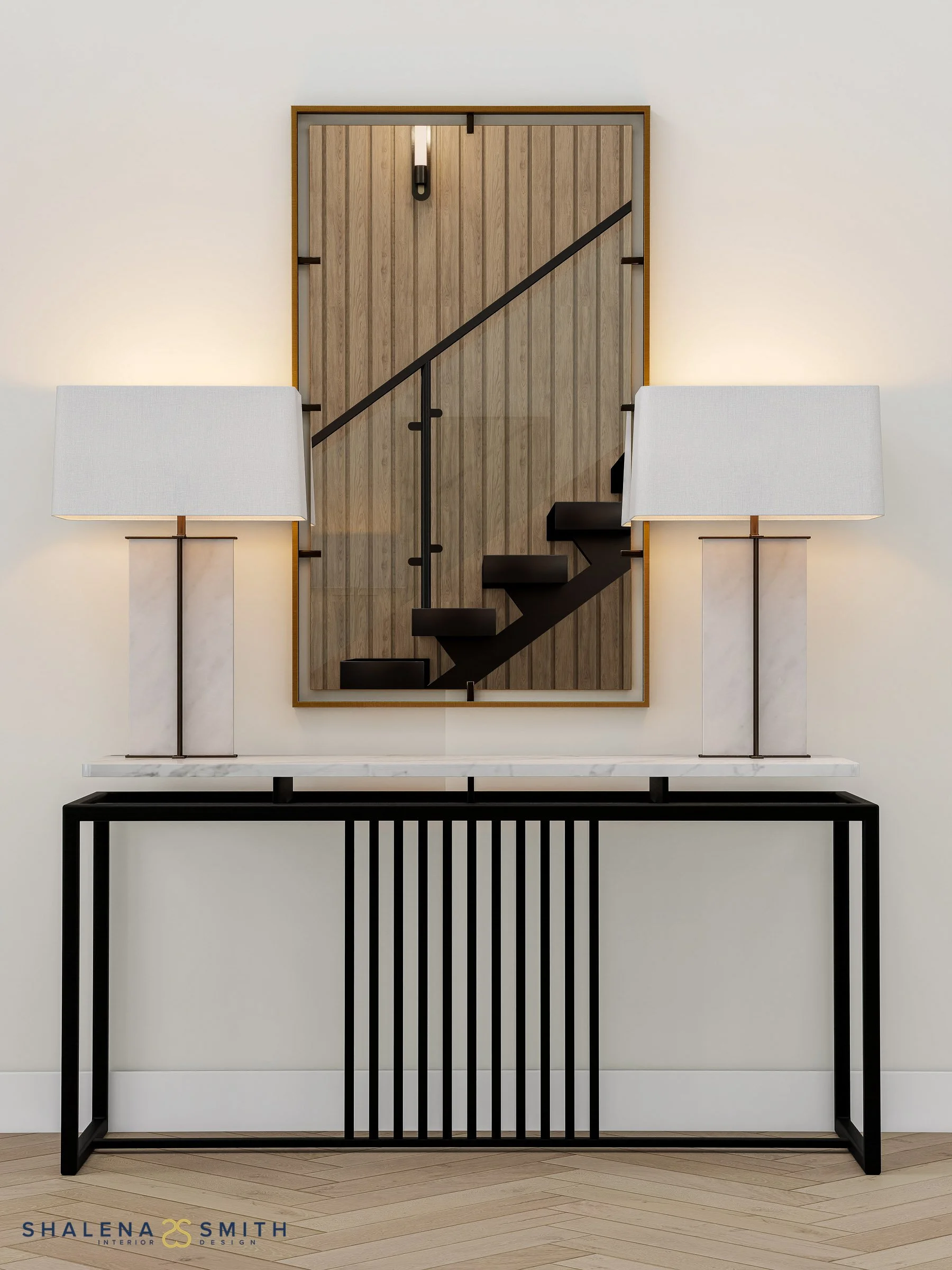 3D rendering of an entry console with marble lamps and a brass mirror reflecting the staircase