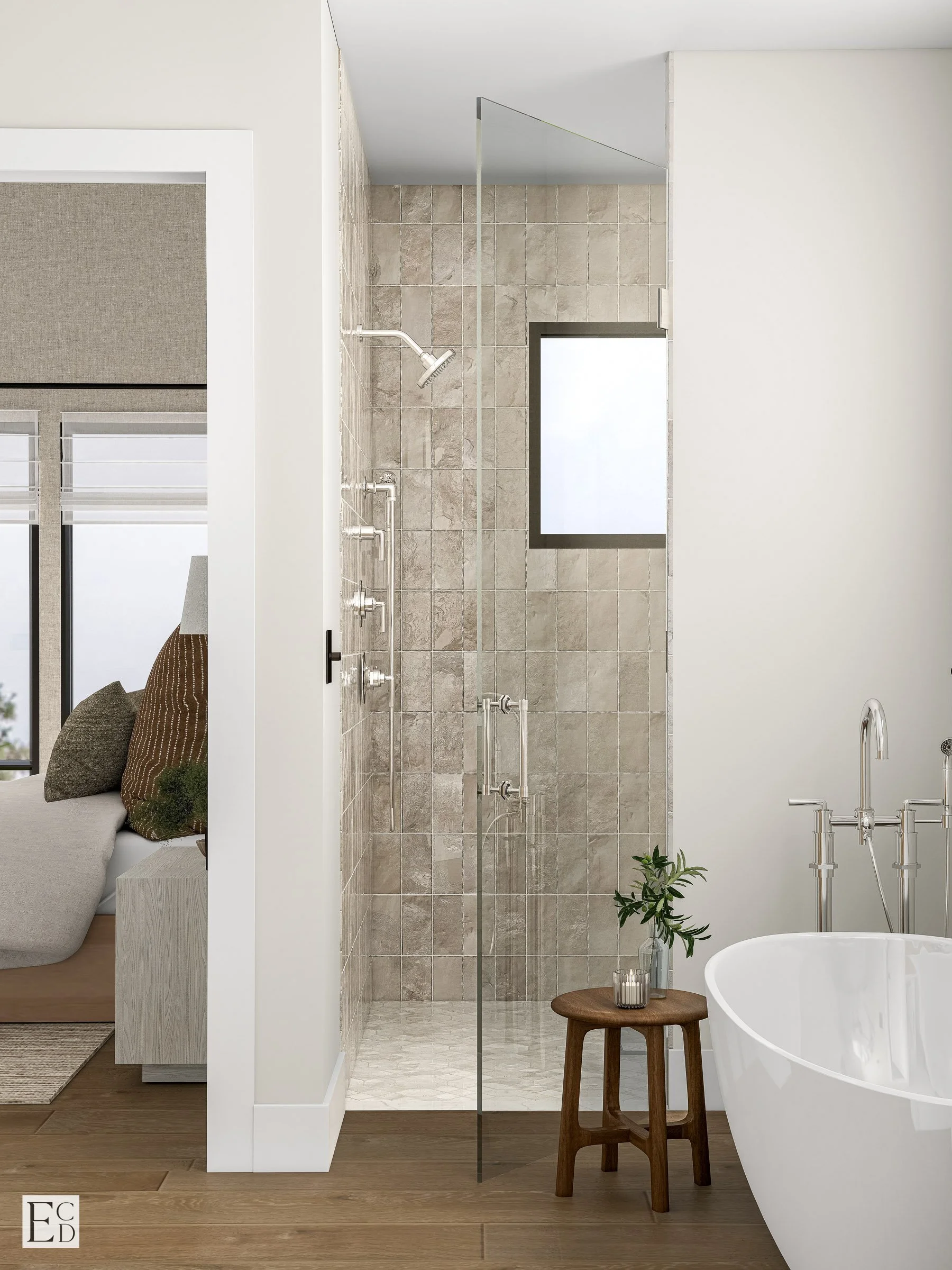 The stone-tiled shower sits between the tub and the bedroom door, so the suite reads as one connected space.