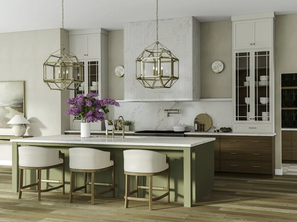 3D kitchen rendering with green island and warm walnut cabinets, side angle view