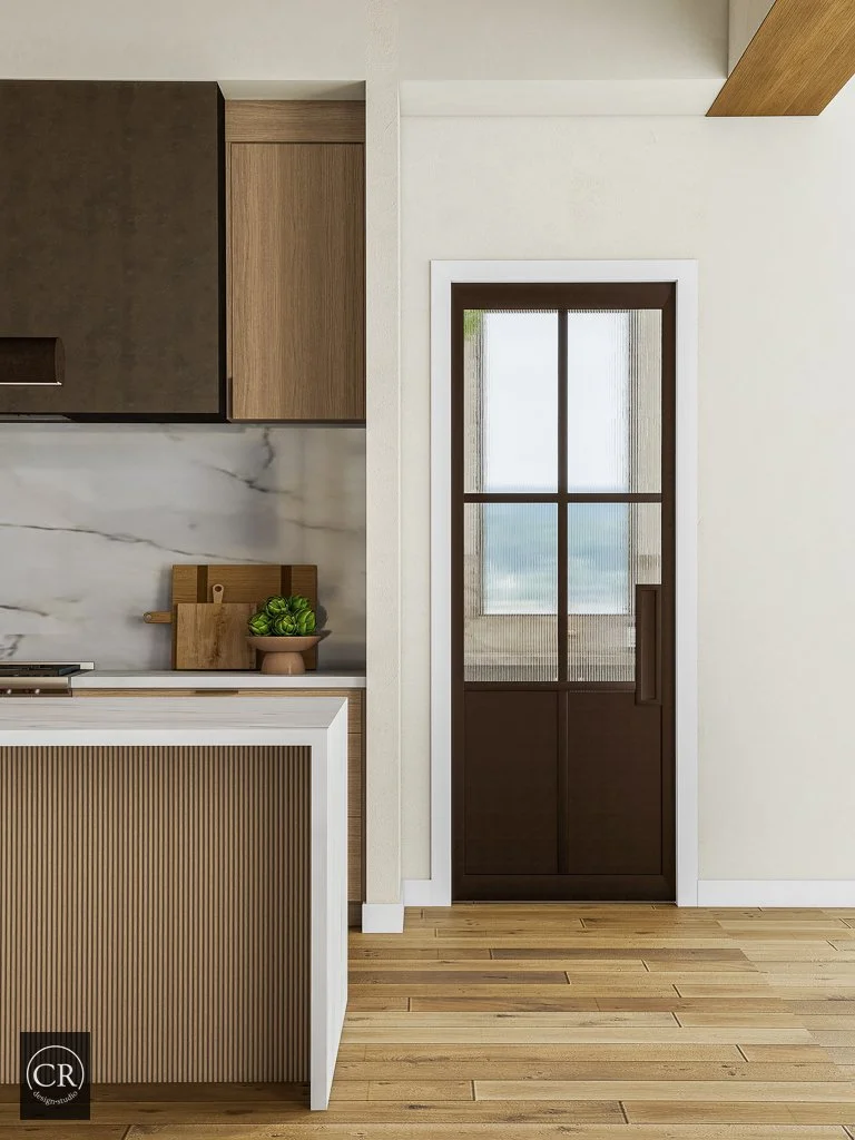 3D kitchen detail rendering showing reeded glass pantry door with dark wood frame and fluted island