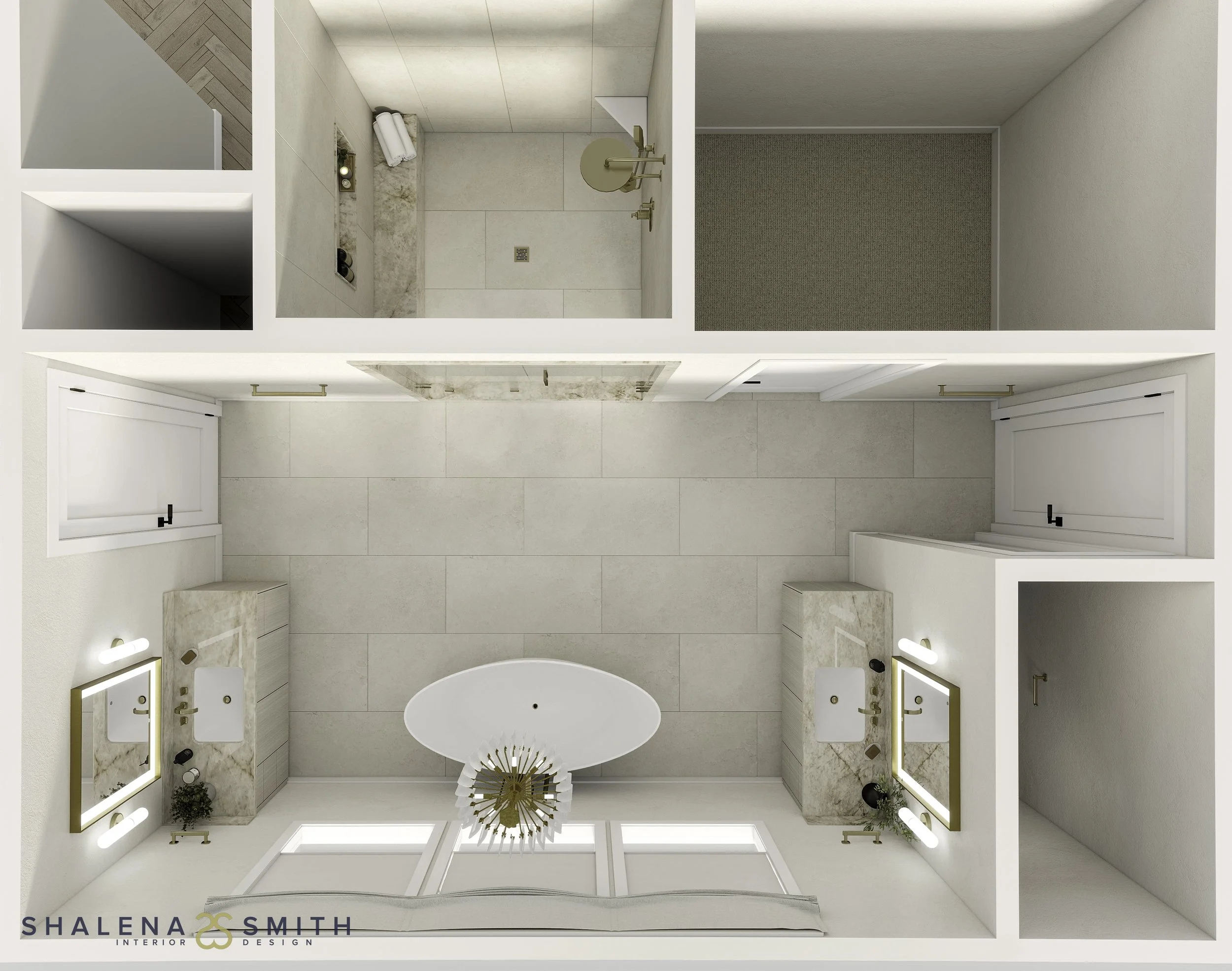 Overhead 3D floor plan rendering of a primary bathroom suite with tub, twin vanities, shower and closet