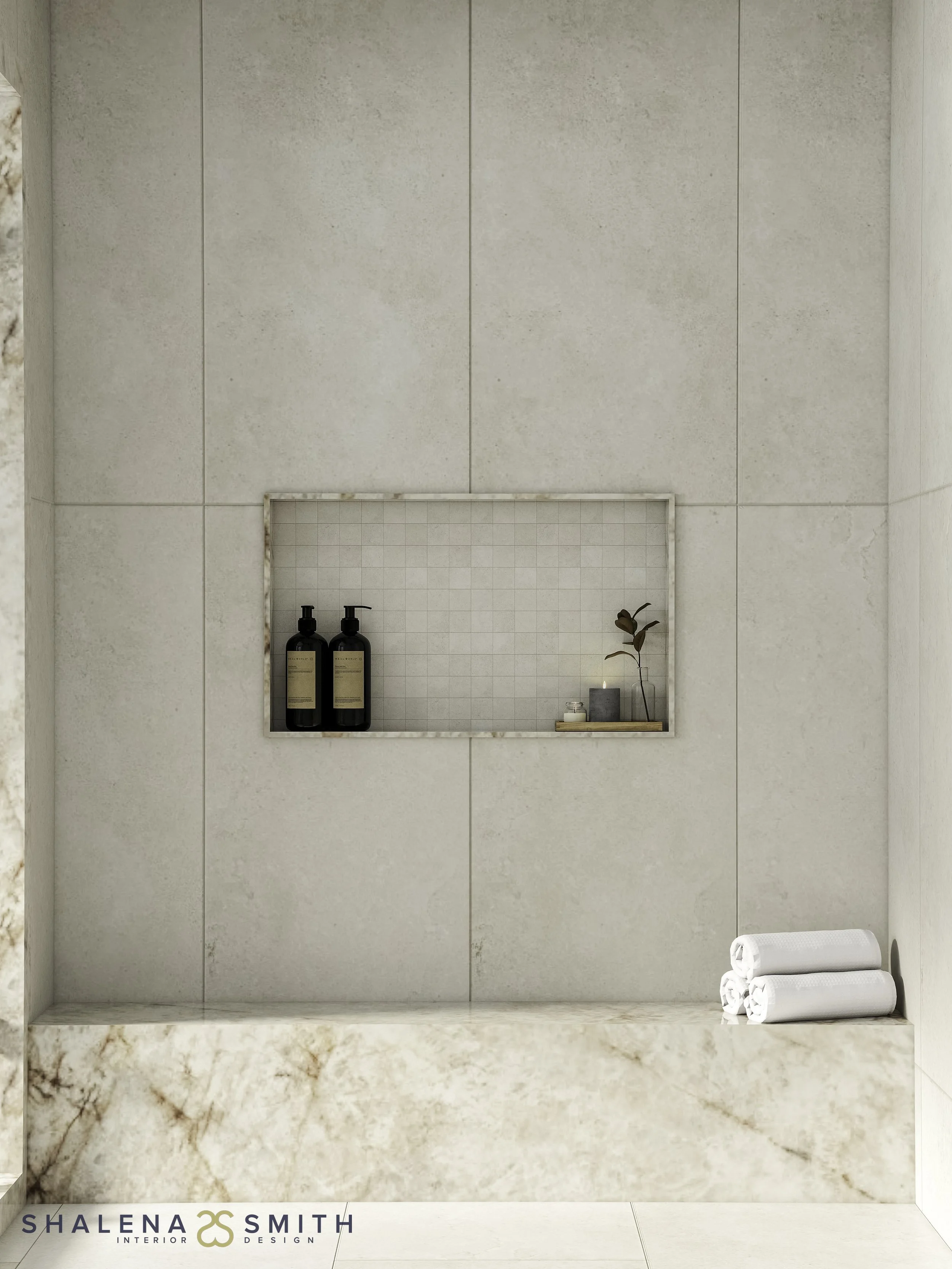 3D rendering of a shower niche with mosaic tile and a quartzite bench, styled with bottles and towels