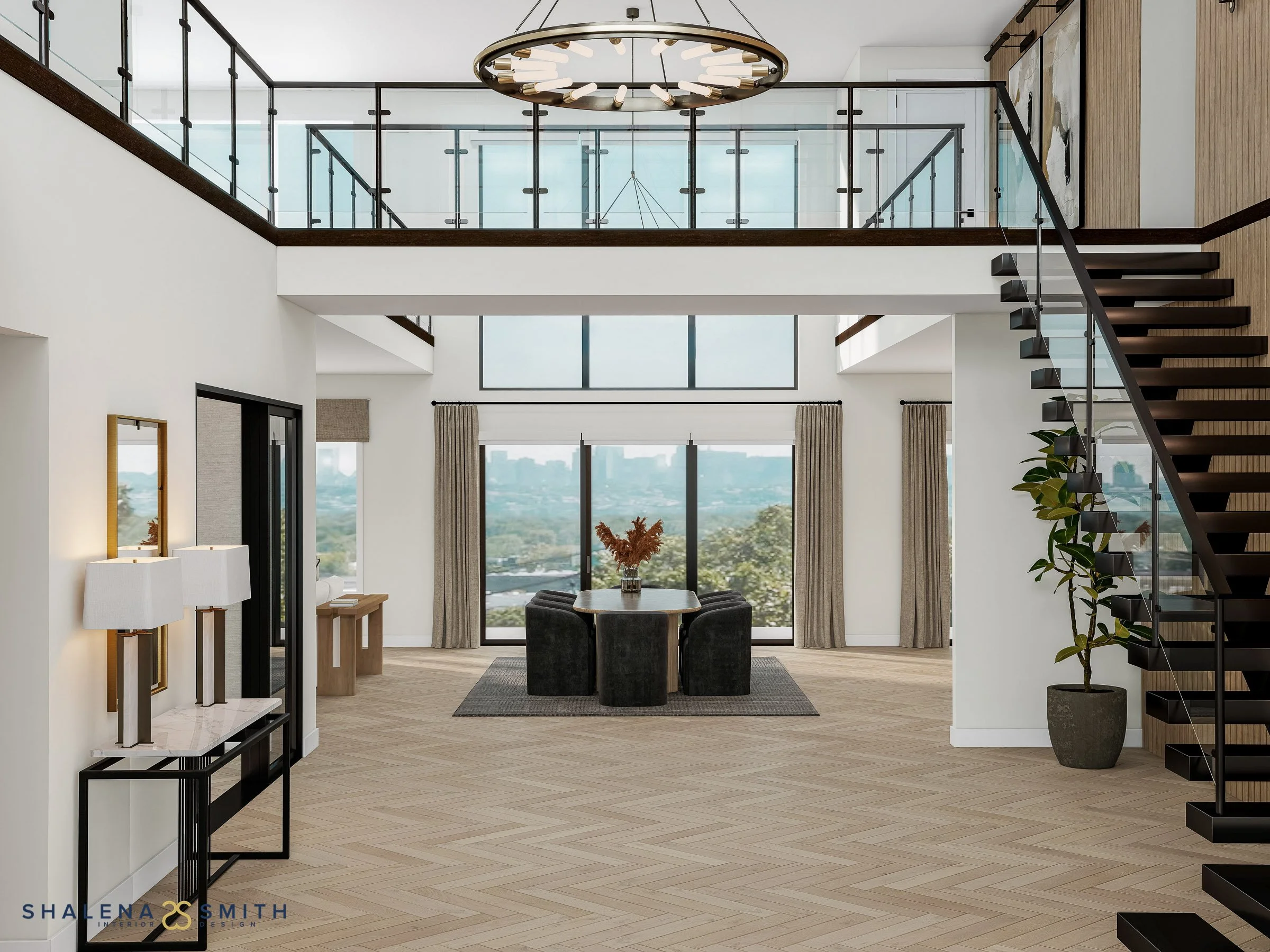 3D rendering of a double-height entry looking through to the dining room, with a floating staircase and ring chandelier