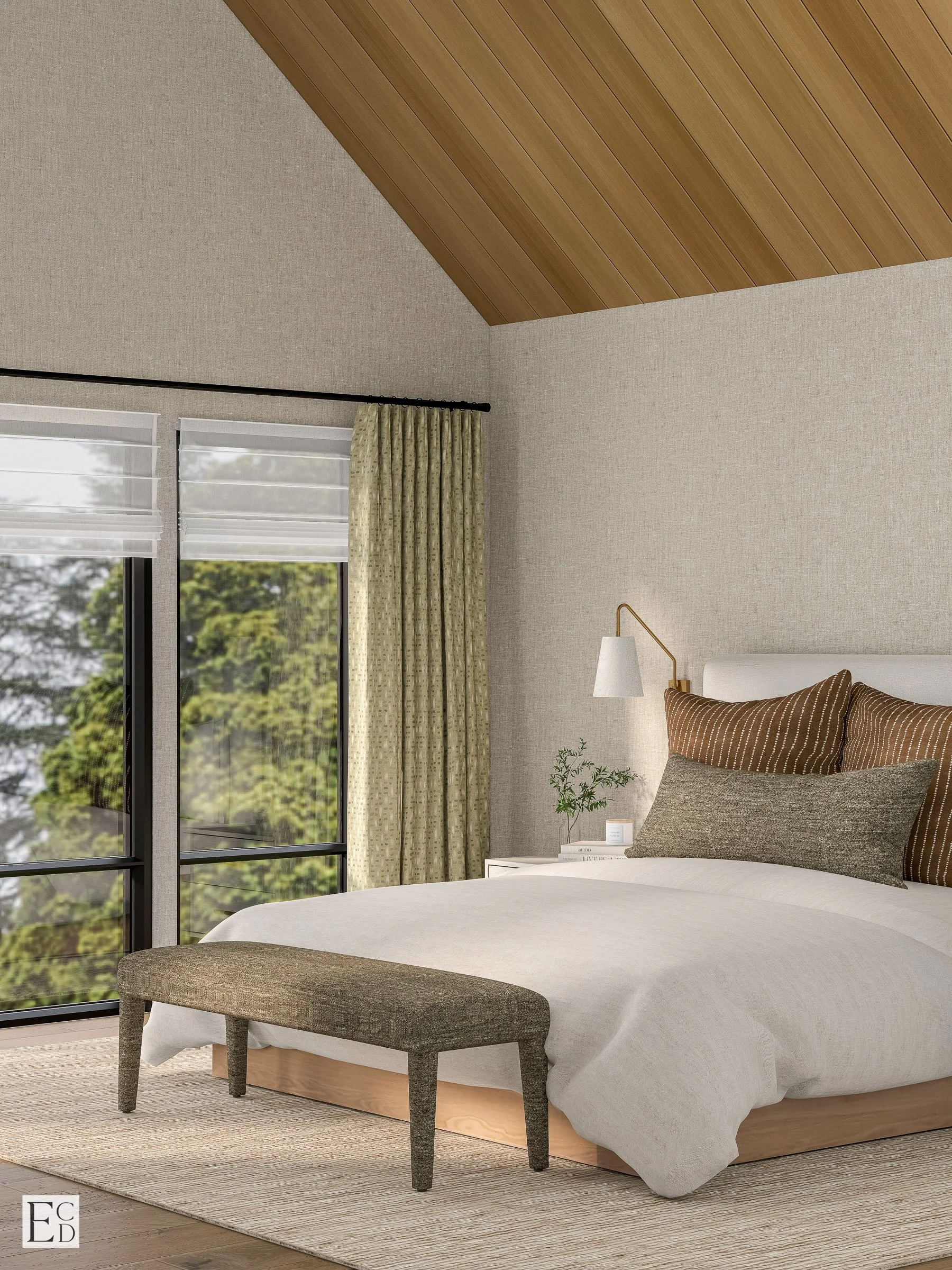 Olive drapery softens the black window wall, and the vault follows the roofline down toward the glass.